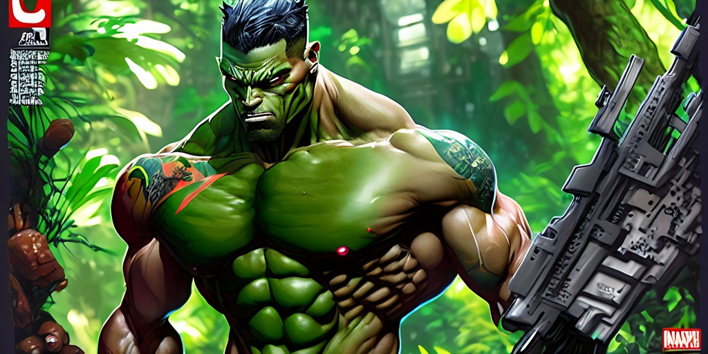 Prompt: Animated comic book cover, comic character, perfectly drawn body, perfectly drawn +++hands,  ++++soldier patrolling with weapons++++ character, toned physique, tattoo style, toe to head, perfect body, perfect face, pericing eyes, ripped, menacing stance, muted colors, acrylic colors, action scene, +++dense green jungle, , ,symmetrical, centered, colorful, masterpiece, professional, vivid color, volumetric lighting, fog, professional, 8k, cinematic, xyf8, unreal engine, octane render, bokeh, vray, houdini render, quixel,  cinematic lighting, luminescence, translucency, arnold render, 8k uhd, raytracing, lumen reflections, cgsociety, ultra realistic, 100mm, film photography, dslr, cinema4d, studio quality, film grain, award-winning,