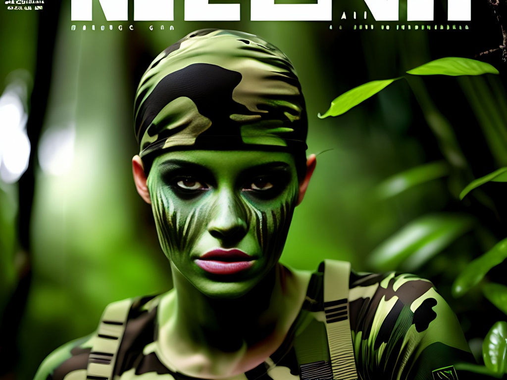 Prompt: Animated comic book cover, comic book In the dark misty Jungle, Dark green lush darkness of jungle, striped, blended Muted colors, female airborne soldier neat hair wearing head gear +++++(complete camouflage uniform), +++++++((((((camo shirt character)))))) ++++++++camouflage +++++++((((entire head, face, dark Jungle green lips painted.  Dark jungle green!!!!!!))) green character!!!!,  ++++++++++(((((Green)))))),  tattoo style, perfect body, perfectly drawn +++++hands,  toned physique, vivid color,  toe to head, perfect body, perfect face, piercing eyes, ripped, menacing stance,  Fighting Action scene, symmetrical, centered,  volumetric lighting, masterpiece, professional,  professional, 8k, cinematic, xyf8, unreal engine, octane render, vray, houdini render, quixel,  cinematic lighting, luminescence, translucency, arnold render, 8k uhd, raytracing, lumen reflections, cgsociety, ultra realistic, 100mm, film photography, dslr, cinema4d, studio quality, film grain, award-winning