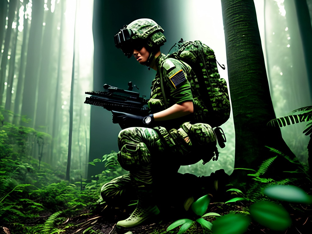 Prompt: Animated poster,  comic book In the dark misty Jungle, Dark green lush darkness of jungle, +++(((((((Combat Action scene)))))))striped, blended Muted colors, female airborne soldier neat hair wearing head gear patrolling +++++(complete camouflage uniform), +++++++((((((camo shirt character)))))) ++++++++camouflage +++++++((((entire head, face, dark Jungle green lips painted.  Dark jungle green!!!!!!))) green character!!!!,  ++++++++++(((((Green)))))), tattoo style, perfect body, perfectly drawn +++++hands, toned physique, vivid color, toe to head, perfect body, perfect face, piercing eyes, ripped, menacing stance, symmetrical, centered, volumetric lighting, masterpiece, professional,  professional, 8k, cinematic, xyf8, unreal engine, octane render, vray, houdini render, quixel,  cinematic lighting, luminescence, translucency, arnold render, 8k uhd, raytracing, lumen reflections, cgsociety, ultra realistic, 100mm, film photography, dslr, cinema4d, studio quality, film grain, award-winning