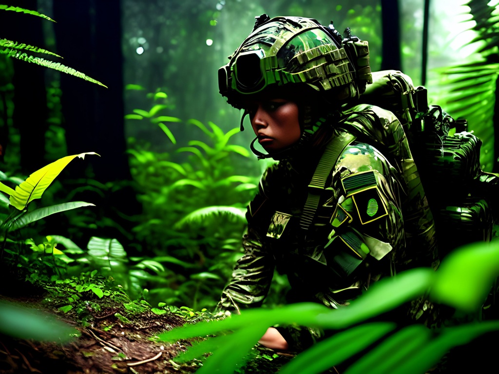Prompt: Animated poster, comic book In the dark misty Jungle, Dark green lush darkness of jungle, +++(((((((Combat Action scene firing)))))))striped, blended Muted colors, female airborne soldier neat hair wearing head gear patrolling +++++(complete camouflage uniform), +++++++((((((camo shirt character)))))) ++++++++camouflage +++++++((((entire head, face, dark Jungle green lips painted.  Dark jungle green!!!!!!))) green character!!!!,  ++++++++++(((((Green)))))), tattoo style, perfect body, perfectly drawn +++++hands, toned physique, vivid color, toe to head, perfect body, perfect face, piercing eyes, ripped, menacing stance, symmetrical, centered, volumetric lighting, masterpiece, professional,  professional, 8k, cinematic, xyf8, unreal engine, octane render, vray, houdini render, quixel,  cinematic lighting, luminescence, translucency, arnold render, 8k uhd, raytracing, lumen reflections, cgsociety, ultra realistic, 100mm, film photography, dslr, cinema4d, studio quality, film grain, award-winning