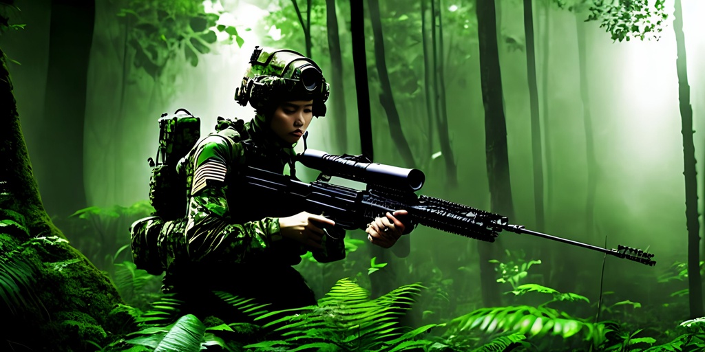 Prompt: Animated poster, comic book In the dark misty Jungle, Dark green lush darkness of jungle, +++(((((((Combat Action scene firing)))))))striped, blended Muted colors, female airborne soldiers neat hair wearing head gear patrolling +++++(complete camouflage uniform), +++++++((((((camo shirt character)))))) ++++++++camouflage +++++++((((entire head, face, dark Jungle green lips painted.  Dark jungle green!!!!!!))) green character!!!!,  ++++++++++(((((Green)))))), tattoo style, perfect body, perfectly drawn +++++hands, toned physique, vivid color, toe to head, perfect body, perfect face, piercing eyes, ripped, menacing stance, symmetrical, centered, volumetric lighting, masterpiece, professional,  professional, 8k, cinematic, xyf8, unreal engine, octane render, vray, houdini render, quixel,  cinematic lighting, luminescence, translucency, arnold render, 8k uhd, raytracing, lumen reflections, cgsociety, ultra realistic, 100mm, film photography, dslr, cinema4d, studio quality, film grain, award-winning