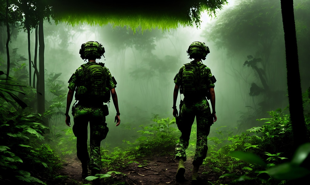 Prompt: Animated poster, comic book In the dark misty Jungle, Dark green lush darkness of jungle, +++++++(((((((((((Combat ))))))))))), striped, blended Muted colors, female airborne soldiers neat hair wearing head gear (((patrolling))) +++++(complete camouflage uniform), +++++++((((((camo shirt character)))))) ++++++++camouflage +++++++((((entire head, face, dark Jungle green lips painted.  Dark jungle green!!!!!!))) green character!!!!,  ++++++++++(((((Green)))))), tattoo style, perfect body, perfectly drawn +++++hands, toned physique, vivid color, toe to head, perfect body, perfect face, piercing eyes, ripped, menacing stance, symmetrical, centered, volumetric lighting, masterpiece, professional,  professional, 8k, cinematic, xyf8, unreal engine, octane render, vray, houdini render, quixel,  cinematic lighting, luminescence, translucency, arnold render, 8k uhd, raytracing, lumen reflections, cgsociety, ultra realistic, 100mm, film photography, dslr, cinema4d, studio quality, film grain, award-winning