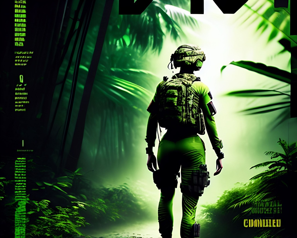Prompt: Animated poster, comic book, In the dark  night, misty Jungle, Dark eerie green lush darkness of jungle,  +++++++(((((((((((Combat action scene))))))))))), striped blended Muted colors, female airborne soldiers neat hair wearing head gear (((patrolling))) +++++(complete camouflage uniform), +++++++((((((camo shirt character)))))) ++++++++camouflage +++++++((((entire head, face, dark Jungle green lips painted.  Dark jungle green!!!!!!))) green character!!!!,  ++++++++++(((((Green)))))), tattoo style, perfect body, perfectly drawn +++++hands, toned physique, vivid color, toe to head, perfect body, perfect face, piercing eyes, ripped, menacing stance, symmetrical, centered,  dim light, silhouette, masterpiece, professional,  professional, 8k, cinematic, xyf8, unreal engine, octane render, vray, houdini render, quixel, arnold render, 8k uhd, raytracing,  cgsociety, ultra realistic, 100mm, film photography, dslr, cinema4d, studio quality, film grain, award-winning