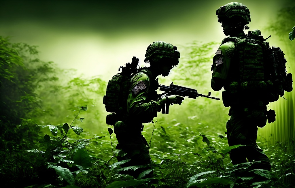 Prompt: Animated poster, comic book, In the dark  night, misty Jungle, Dark eerie green lush darkness of jungle,  +++++++(((((((((((Combat action scene))))))))))), striped blended Muted colors, female airborne soldiers neat hair wearing head gear (((patrolling))) +++++(complete camouflage uniform), +++++++((((((camo shirt character)))))) ++++++++camouflage +++++++((((entire head, face, dark Jungle green lips painted.  Dark jungle green!!!!!!))) green character!!!!,  ++++++++++(((((Green)))))), tattoo style, perfect body, perfectly drawn +++++hands, toned physique, vivid color, toe to head, perfect body, perfect face, piercing eyes, ripped, menacing stance, symmetrical, centered,  dim light, silhouette, masterpiece, professional,  professional, 8k, cinematic, xyf8, unreal engine, octane render, vray, houdini render, quixel, arnold render, 8k uhd, raytracing,  cgsociety, ultra realistic, 100mm, film photography, dslr, cinema4d, studio quality, film grain, award-winning