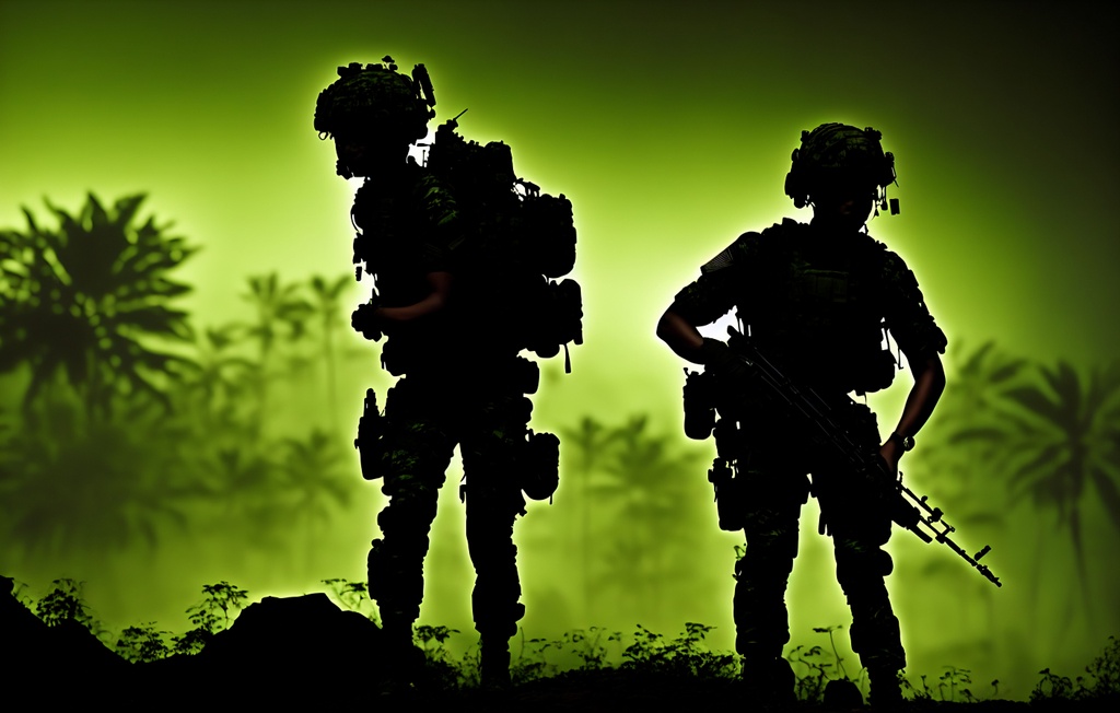 Prompt: Animated poster, In the Black silhouette Jungle Night, Dark thick eerie green lush darkness of jungle, low light +++++++(((((((((((Combat action scene))))))))))), striped blended Muted colors, female airborne soldiers neat hair wearing head gear (((patrolling))) +++++(complete camouflage uniform), +++++++((((((camo shirt character)))))) ++++++++camouflage ++++++++++(((((((entire head, face, dark Jungle green lips painted.  Dark jungle green!!!!!!))))))) green character!!!!,  ++++++++++(((((Green)))))), tattoo style, perfect body, perfectly drawn +++++hands, toned physique, vivid color, toe to head, perfect body, perfect face, piercing eyes, ripped, menacing stance, symmetrical, centered,  dim, low light, masterpiece, professional,  professional, 8k, cinematic, xyf8, unreal engine, octane render, vray, houdini render, quixel, arnold render, 8k uhd, raytracing,  cgsociety, ultra realistic, 100mm, film photography, dslr, cinema4d, studio quality, film grain, award-winning