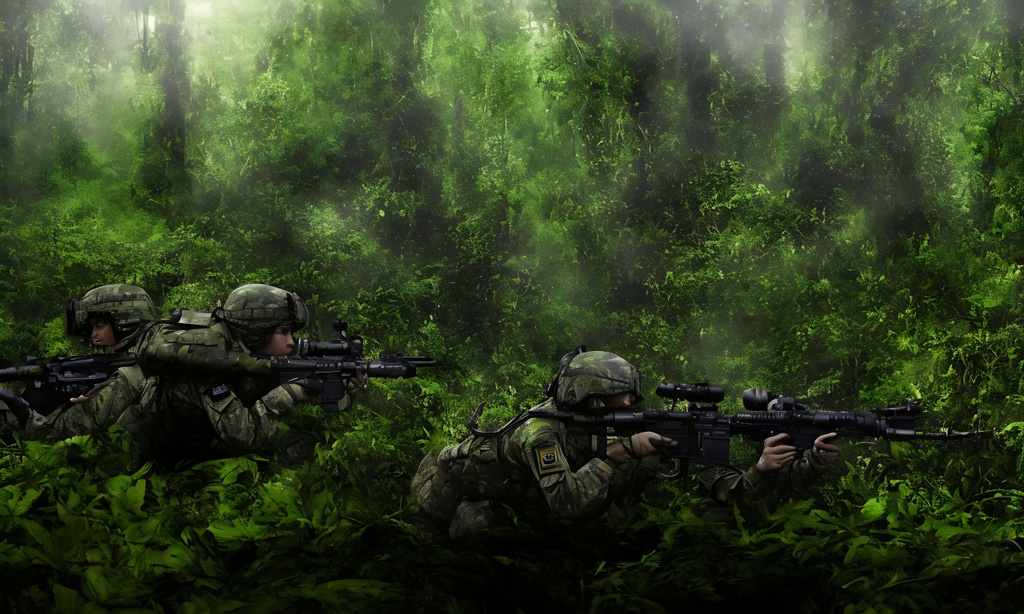 Prompt: Animated poster, In the Black Jungle Night, Dark thick eerie green lush darkness of jungle, striped blended Muted colors +++++++(((((((((((Combat action scene))))))))))) "1" "2" female airborne soldiers, neat hair wearing head gear (((patrolling))) +++++(complete camouflage uniform), +++++++((((((camo shirt character)))))) ++++++++camouflage ++++++++++(((((((entire head, face, dark Jungle green lips painted.  Dark jungle green!!!!!!))))))) green character!!!!,  ++++++++++(((((Green)))))), tattoo style, perfect body, perfectly drawn +++++hands, toned physique, vivid color, toe to head, perfect body, perfect face, piercing eyes, ripped, menacing stance, symmetrical, centered,  dim, low light, masterpiece, professional,  cinematic lighting, professional, 8k, cinematic, xyf8, unreal engine, octane render, vray, houdini render, quixel, arnold render, 8k uhd, raytracing,  cgsociety, ultra realistic, 100mm, film photography, dslr, cinema4d, studio quality, film grain, award-winning