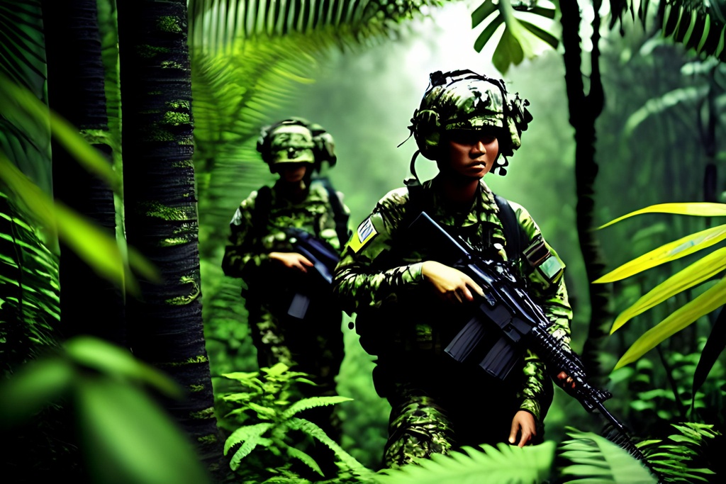 Prompt: Animated poster, In the Black Jungle Night, Dark thick eerie green lush darkness of the jungle, striped blended Muted colors +++++++(((((((((((War  photography))))))))))) female airborne soldiers, neat hair wearing head gear (((patrolling))) Jungle +++++(complete camouflage uniform), +++++++((((((camo shirt character)))))) +++++++camouflage ++++++++++(((((((((entire head, face, dark Jungle green lips painted))))))).  Dark jungle green!!!!!!))))))) green character!!!!,  ++++++++++(((((Green)))))), tattoo style, perfect body, perfectly drawn +++++hands, toned physique, vivid color, toe to head, perfect body, perfect face, piercing eyes, ripped, menacing stance, symmetrical, centered,  dim, low light, masterpiece, professional,  cinematic lighting, professional, 8k, cinematic, xyf8, unreal engine, octane render, vray, houdini render, quixel, arnold render, 8k uhd, raytracing,  cgsociety, ultra realistic, 100mm, film photography, dslr, cinema4d, studio quality, film grain, award-winning
