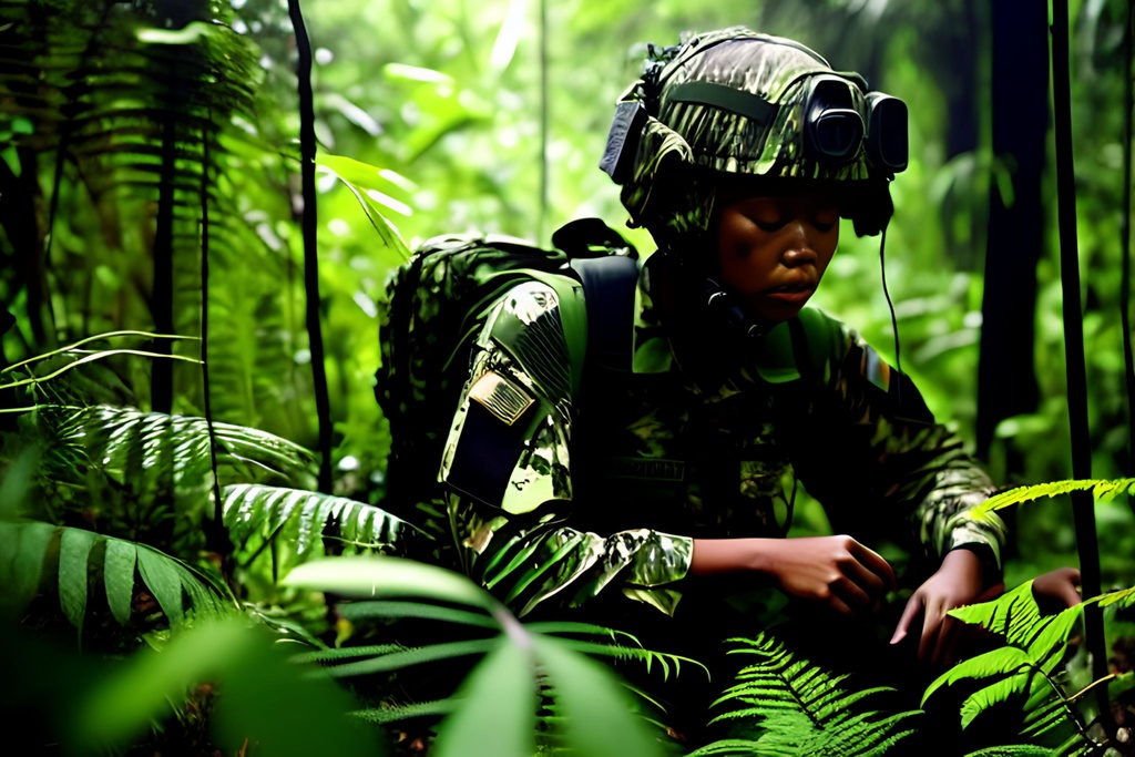Prompt: Animated poster, In the Black Jungle Night, Dark thick eerie green lush darkness of the jungle, striped blended Muted colors +++++++((War  photography of))  "1" "2" "3" "4" female airborne soldier, neat hair wearing head gear (((patrolling))) Jungle +++++(complete camouflage uniform), +++++++((((((camo shirt character)))))) +++++++camouflage ++++++++++((((((((((((Paint entire head, face, dark Jungle green lips painted))))))))).  Dark jungle green!!!!!!))))))) green character!!!!,  ++++++++++((((((((Green))))))))), tattoo style, perfect body, perfectly drawn +++++hands, toned physique, vivid color, toe to head, perfect body, perfect face, piercing eyes, ripped, menacing stance, symmetrical, centered,  dim, low light, masterpiece, professional,  cinematic lighting, professional, 8k, cinematic, xyf8, unreal engine, octane render, vray, houdini render, quixel, arnold render, 8k uhd, raytracing,  cgsociety, ultra realistic, 100mm, film photography, dslr, cinema4d, studio quality, film grain, award-winning