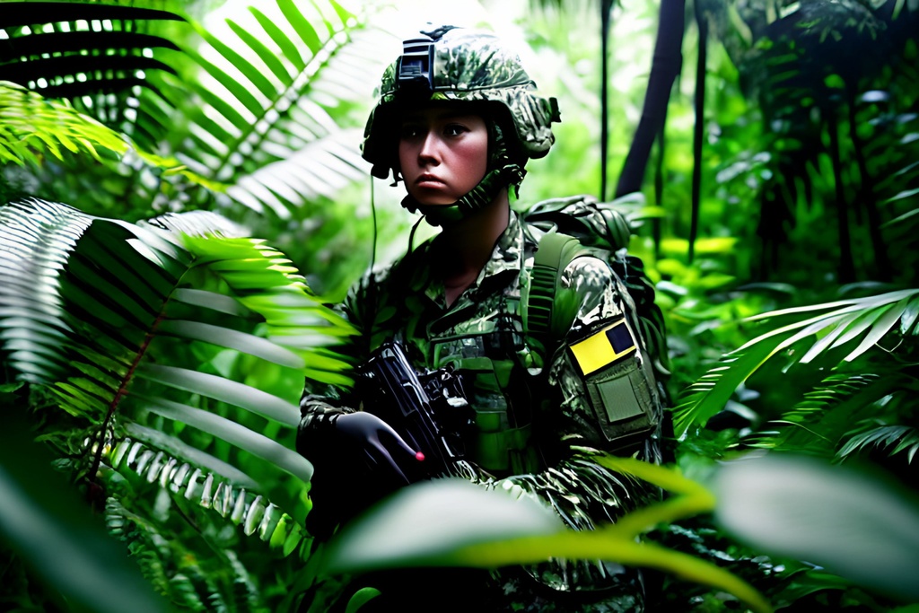 Prompt: Animated poster, In the Black Jungle Night, Dark thick eerie green lush darkness of the jungle, striped blended Muted colors +++++++((War  photography of))  "1" "2" "3" "4" female airborne soldier, neat hair wearing head gear (((patrolling))) Jungle +++++(complete camouflage uniform), +++++++((((((camo shirt character)))))) +++++++camouflage ++++++++++(((((((((((( entire head, Paint face dark Jungle green, paint lips dark Jungle green))))))))).  Dark jungle green!!!!!!))))))) green character!!!!,  ++++++++++((((((((Green))))))))), tattoo style, perfect body, perfectly drawn +++++hands, toned physique, vivid color, toe to head, perfect body, perfect face, piercing eyes, ripped, menacing stance, symmetrical, centered,  dim, low light, masterpiece, professional,  cinematic lighting, professional, 8k, cinematic, xyf8, unreal engine, octane render, vray, houdini render, quixel, arnold render, 8k uhd, raytracing,  cgsociety, ultra realistic, 100mm, film photography, dslr, cinema4d, studio quality, film grain, award-winning