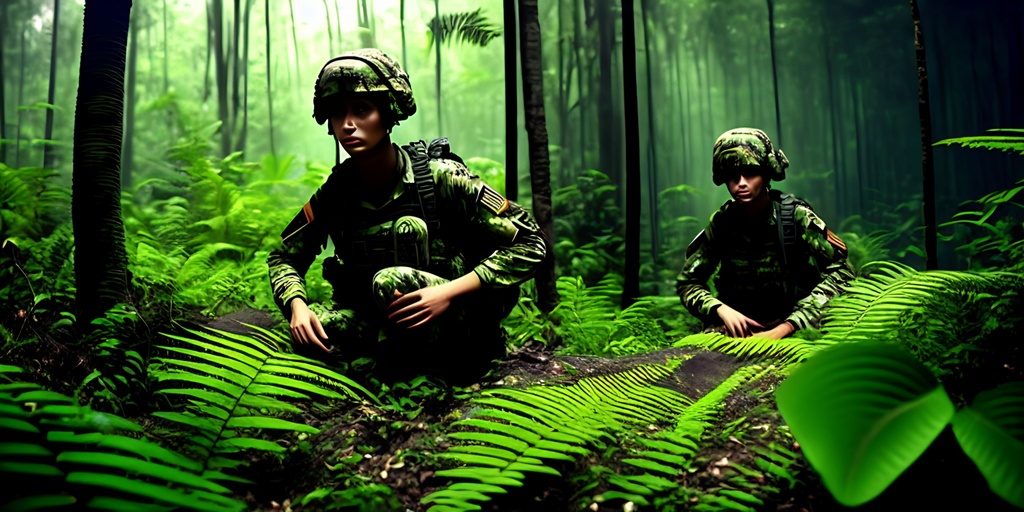 Prompt: Animated poster, In the Black Jungle Night, Dark thick eerie green lush darkness of the jungle, striped blended Muted colors +++++++((War  photography of))  "1" "2" "3" "4" female airborne soldier, neat hair wearing head gear (((patrolling))) Jungle +++++(complete camouflage uniform), +++++++((((((camo shirt character)))))) +++++++camouflage ++++++++++(((((((((((( entire head, ((((Paint face dark Jungle green)))), (((((paint lips dark Jungle green))))))))).  Dark jungle green!!!!!!))))))) green character!!!!,  ++++++++++((((((((Green))))))))), tattoo style, perfect body, perfectly drawn +++++hands, toned physique, vivid color, toe to head, perfect body, perfect face, piercing eyes, ripped, menacing stance, symmetrical, centered,  dim, low light, masterpiece, professional,  cinematic lighting, professional, 8k, cinematic, xyf8, unreal engine, octane render, vray, houdini render, quixel, arnold render, 8k uhd, raytracing,  cgsociety, ultra realistic, 100mm, film photography, dslr, cinema4d, studio quality, film grain, award-winning
