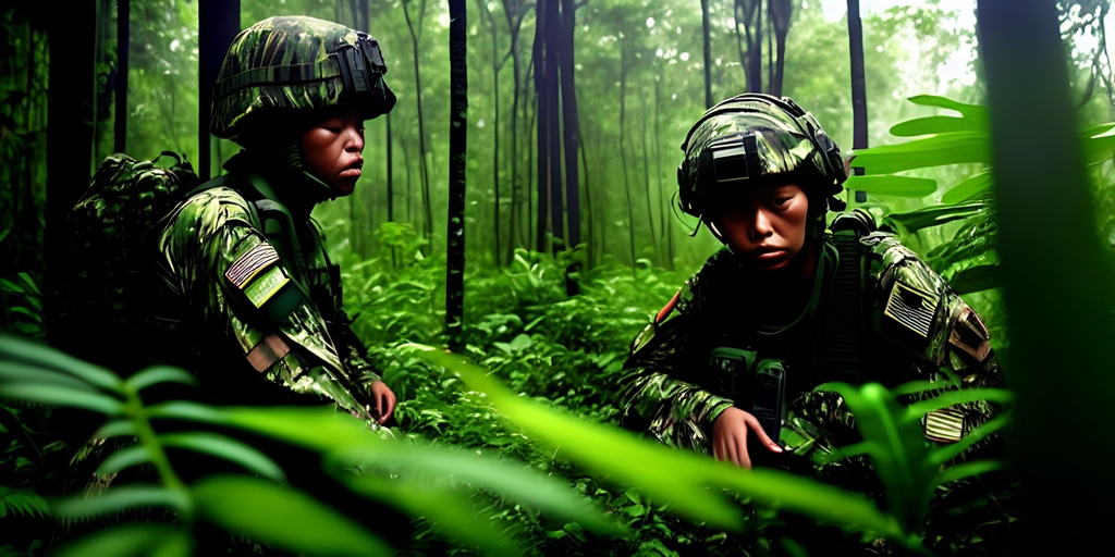 Prompt: Animated poster, In the Black Jungle Night, Dark thick eerie green lush darkness of the jungle, striped blended Muted colors +++++++((War  photography of))  "1" "2" "3" "4" female airborne soldier, neat hair wearing head gear (((patrolling))) Jungle +++++(complete camouflage uniform), +++++++((((((camo shirt character)))))) +++++++camouflage ++++++++++(((((((((((( entire head, ((((Paint face dark Jungle green)))), (((((paint lips dark Jungle green))))))))).  Dark jungle green!!!!!!))))))) green character!!!!,  ++++++++++((((((((Green))))))))), tattoo style, perfect body, perfectly drawn +++++hands, toned physique, vivid color, toe to head, perfect body, perfect face, piercing eyes, ripped, menacing stance, symmetrical, centered,  dim, low light, masterpiece, professional,  cinematic lighting, professional, 8k, cinematic, xyf8, unreal engine, octane render, vray, houdini render, quixel, arnold render, 8k uhd, raytracing,  cgsociety, ultra realistic, 100mm, film photography, dslr, cinema4d, studio quality, film grain, award-winning