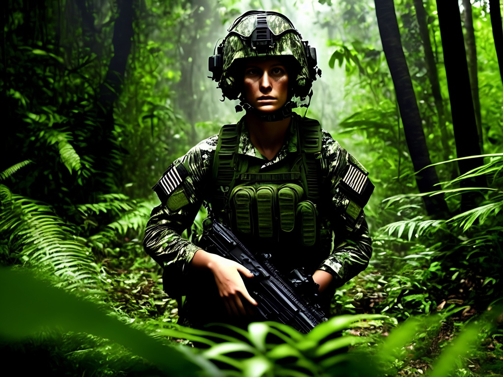 Prompt: Animated poster, In the Black Jungle Night, Dark thick eerie green lush darkness of the jungle, striped blended Muted colors +++++++Jungle +++++female airborne soldiers, neat hair wearing head gear (((patrolling)))(complete camouflage uniform), +++++++((((((camo shirt character)))))) +++++++camouflage ++++++++++(((((((((entire head, face, dark Jungle green lips painted))))))).  Dark jungle green!!!!!!))))))) green character!!!!, female airborne soldiers, neat hair wearing head gear (((patrolling))) (((((Green)))))), tattoo style, perfect body, perfectly drawn +++++hands, toned physique, vivid color, toe to head, perfect body, perfect face, piercing eyes, ripped, menacing stance, symmetrical, centered,  ++++++++++((((((((((War  photography)))))))))))   dim, low light, masterpiece, professional,  cinematic lighting, professional, 8k, cinematic, xyf8, unreal engine, octane render, vray, houdini render, quixel, arnold render, 8k uhd, raytracing,  cgsociety, ultra realistic, 100mm, film photography, dslr, cinema4d, studio quality, film grain, award-winning
