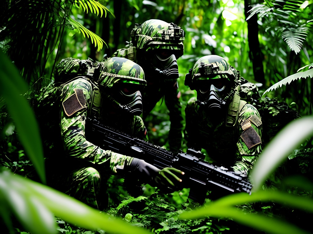 Prompt: Animated poster, Attacking In the Black Jungle Night, Dark thick eerie green lush darkness of the jungle, striped blended Muted colors +++++++Jungle +++++female airborne soldiers, neat hair wearing head gear (((patrolling)))(complete camouflage uniform), +++++++((((((camo shirt character)))))) +++++++camouflage ++++++++++(((((((((entire head, face, dark Jungle green lips painted))))))).  Dark jungle green!!!!!!))))))) green character!!!!, female airborne soldiers, neat hair wearing head gear (((patrolling))) (((((Green)))))), tattoo style, perfect body, perfectly drawn +++++hands, toned physique, vivid color, toe to head, perfect body, perfect face, piercing eyes, ripped, menacing stance, symmetrical, centered,  ++++++++++((((((((((War  photography)))))))))))   dim, low light, masterpiece, professional,  cinematic lighting, professional, 8k, cinematic, xyf8, unreal engine, octane render, vray, houdini render, quixel, arnold render, 8k uhd, raytracing,  cgsociety, ultra realistic, 100mm, film photography, dslr, cinema4d, studio quality, film grain, award-winning