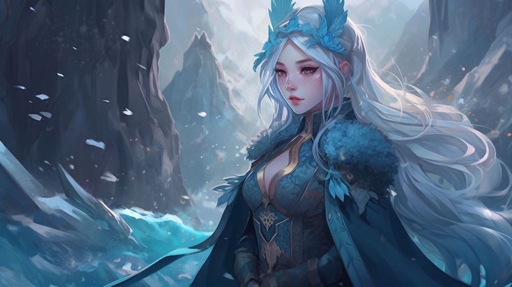 Prompt: A beautiful queen ::4 adorned in clothing made of ice and snow, standing in front of a palace ::4 made entirely of ice, from the Genshin Impact video game ::5, with an anime style ::4 --ar 16:9 --q 2 --upbeta --v 5