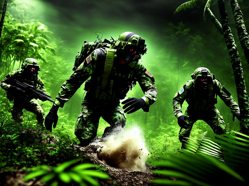 Prompt: Animated poster, Attacking In the Black Jungle Night, Dark thick eerie green lush darkness of the jungle, bombs dropping, colorful explosions, striped blended Muted colors +++++++Jungle +++++female airborne soldiers, neat hair wearing head gear (((patrolling)))(complete camouflage uniform), +++++++((((((camo shirt character)))))) +++++++camouflage ++++++++++(((((((((entire head, face, dark Jungle green lips painted))))))).  Dark jungle green!!!!!!))))))) green character!!!!, female airborne soldiers, neat hair wearing head gear (((patrolling))) (((((Green)))))), tattoo style, perfect body, perfectly drawn +++++hands, toned physique, vivid color, toe to head, perfect body, perfect face, piercing eyes, ripped, menacing stance, symmetrical, centered,  ++++++++++((((((((((War  photography)))))))))))   dim, low light, masterpiece, professional,  cinematic lighting, professional, 8k, cinematic, xyf8, unreal engine, octane render, vray, houdini render, quixel, arnold render, 8k uhd, raytracing,  cgsociety, ultra realistic, 100mm, film photography, dslr, cinema4d, studio quality, film grain, award-winning