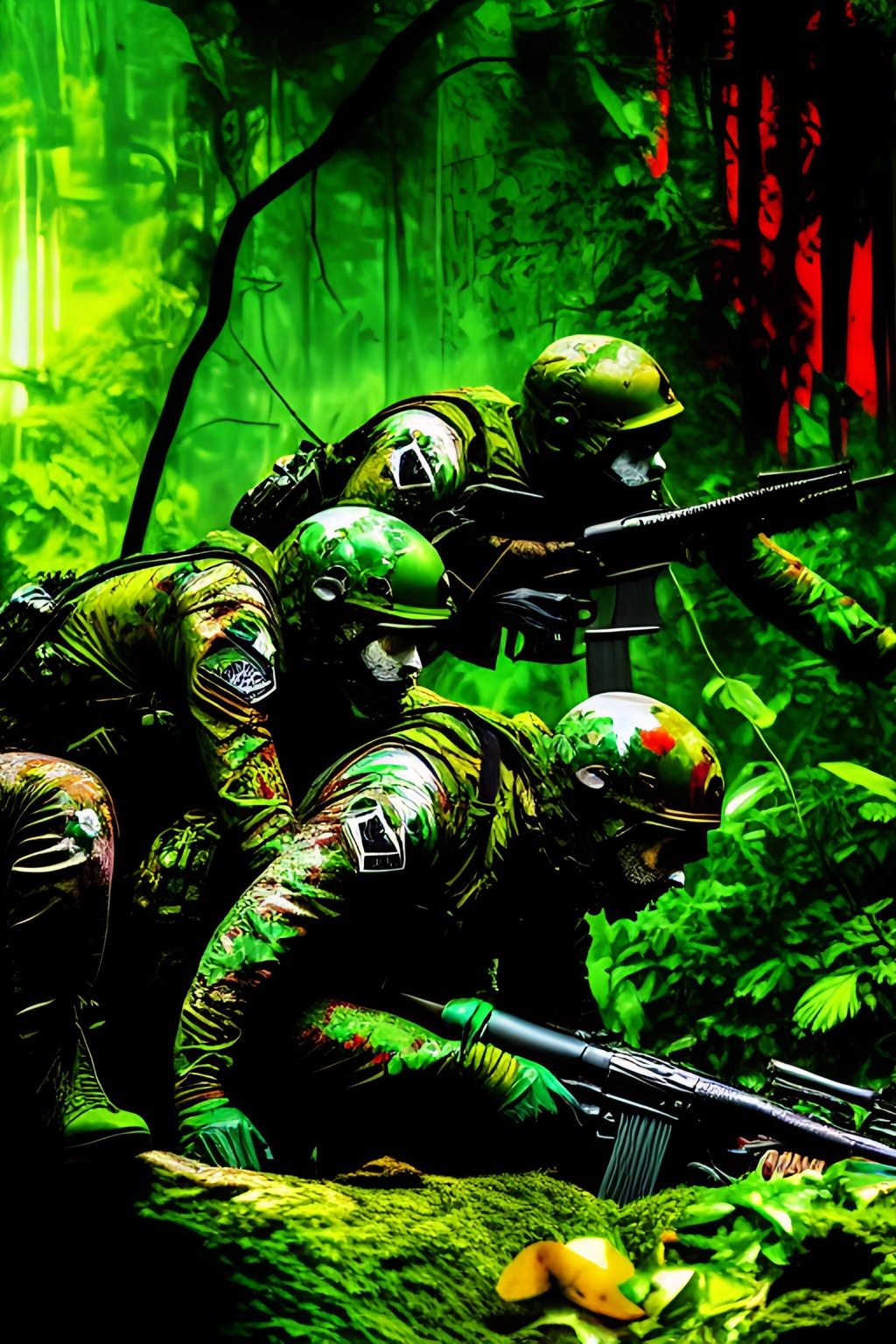 Prompt: Graphic Novel, Comic Book,  bullet holes, gore, blood, horror Jungle Camouflaged tattoo style Soldiers crouching carrying weapons, head to toe, faces painted green colors, explosions, in a dark green dense jungle, comic characters, highly detailed, professional, muted colors abstract, acrylic, shiny, matte, random, action, intense,, intricate detail, vivid color, action, random, modelshoot style, Intricate, High Detail, dramatic, masterpiece, hard edge, breathtaking, insanely detailed, lush detail, trending on artstation, award-winning, shiny, smooth, surreal, volumetric fog,