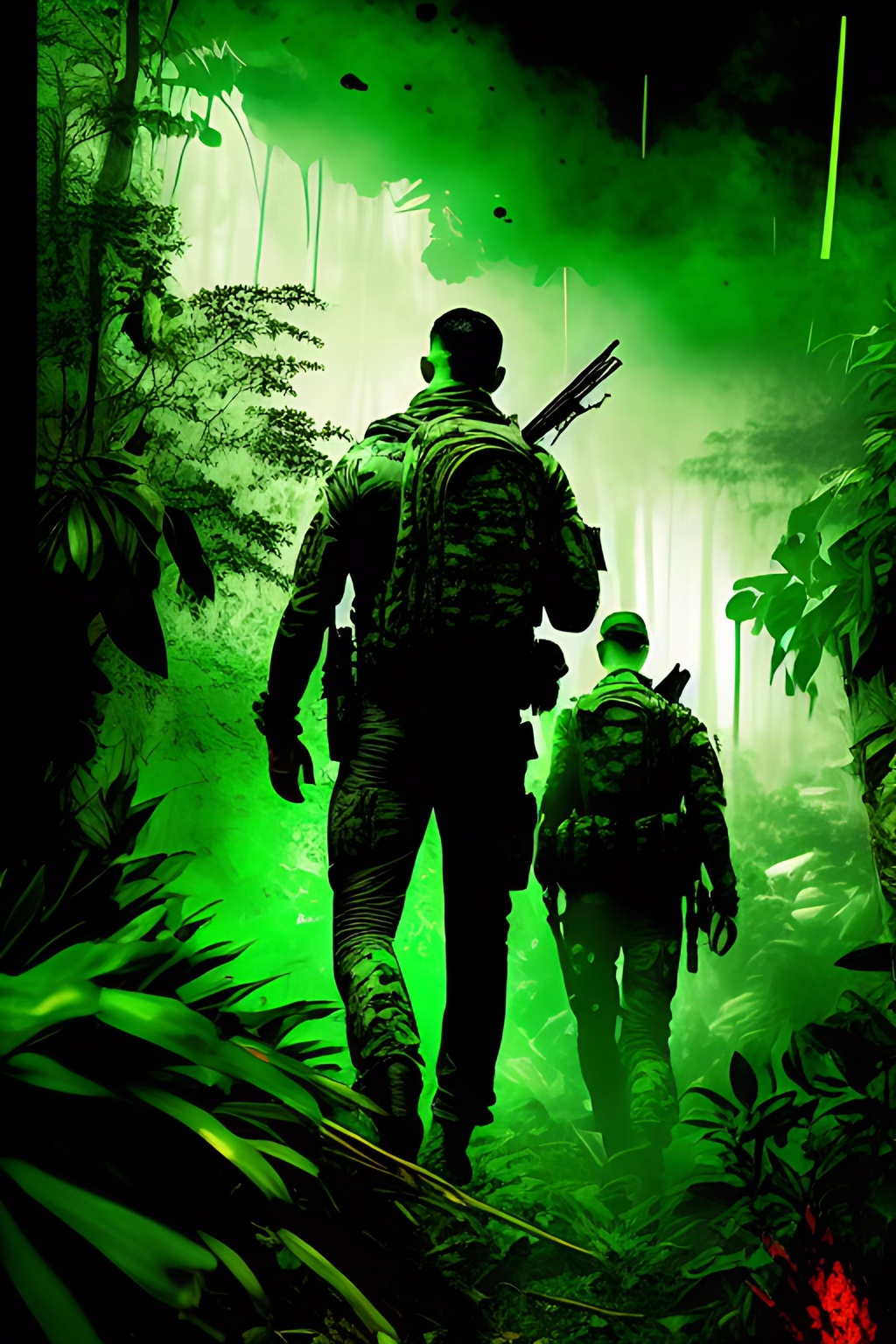 Prompt: Graphic Novel, Comic Book, bullet holes++,explosions++, gore++, blood++, horror+ Jungle Camouflaged tattoo style Soldiers scouting carrying weapons, head to toe, faces painted green colors, , in a dark green dense jungle, comic characters, highly detailed, professional, muted colors abstract, acrylic, shiny, matte, random, action, intense,, intricate detail, vivid color, action, random, modelshoot style, Intricate, High Detail, dramatic, masterpiece, hard edge, breathtaking, insanely detailed, lush detail, trending on artstation, award-winning, shiny, smooth, surreal, volumetric fog,