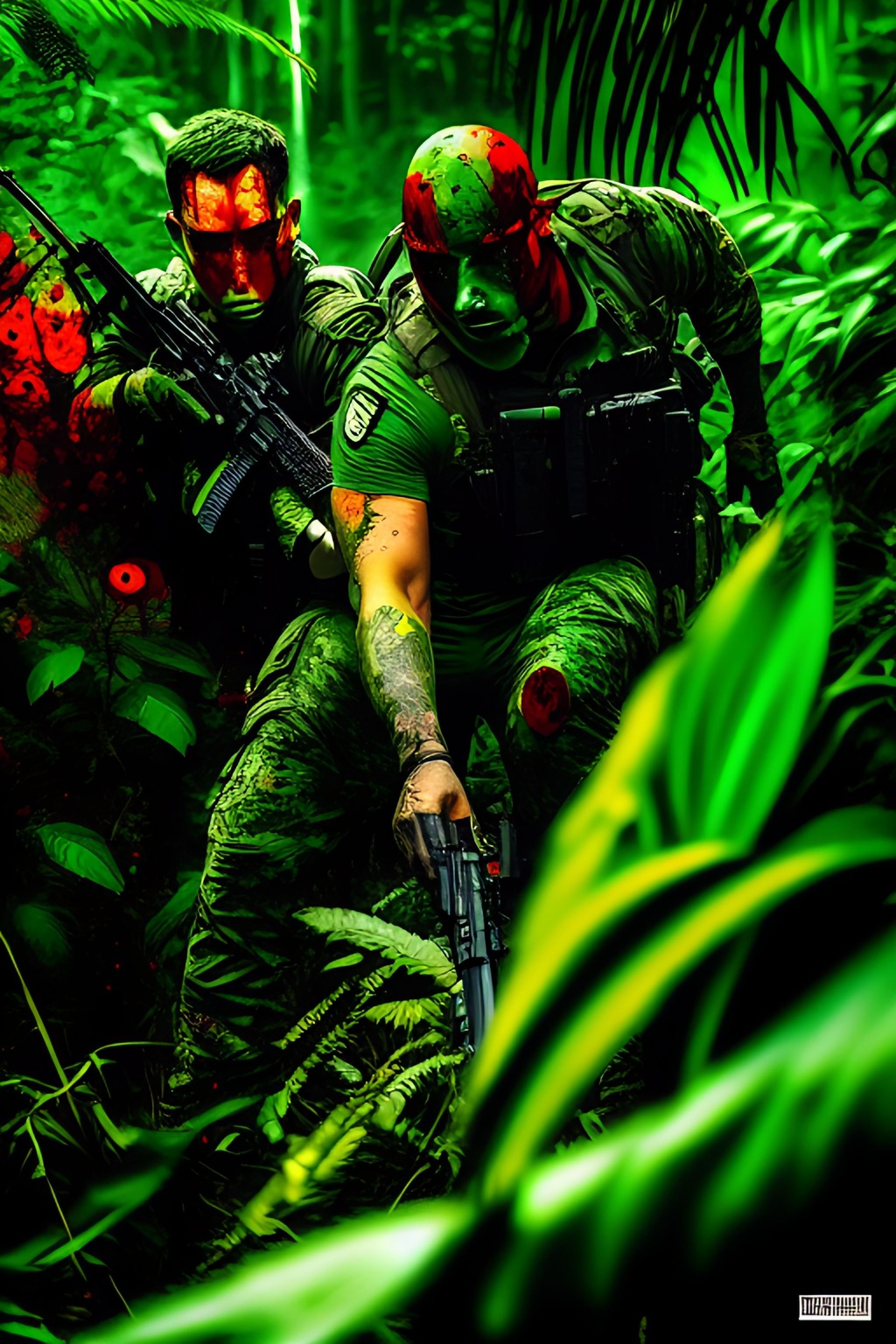 Prompt: Graphic Novel, Comic, bullet holes++,explosions++++++, gore+++, blood+++, horror+ Jungle Camouflaged tattoo style Soldiers attacking carrying weapons, head to toe, faces painted green colors, , in a dark green dense jungle, comic characters, highly detailed, professional, muted colors abstract, acrylic, shiny, matte, random, action, intense,, intricate detail, vivid color, action, random, modelshoot style, Intricate, High Detail, dramatic, masterpiece, hard edge, breathtaking, insanely detailed, lush detail, trending on artstation, award-winning, shiny, smooth, surreal, volumetric fog,