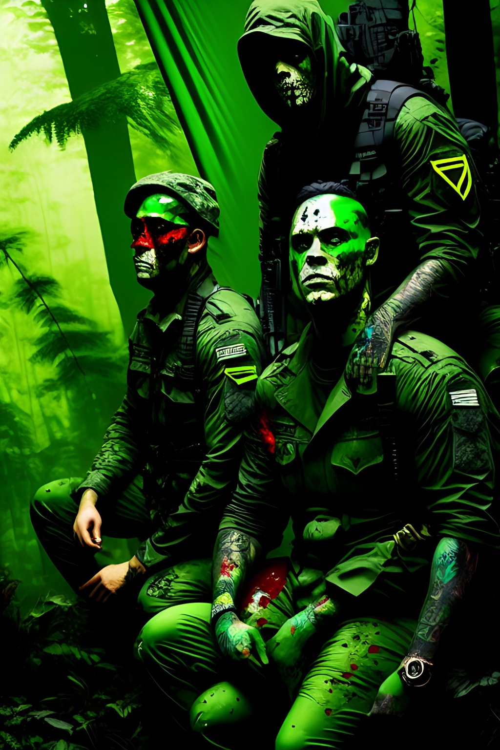 Prompt: Graphic Novel, Comic, bullet holes++,explosions++++++, gore+++, blood+++, horror+ Jungle Camouflaged tattoo style Soldiers sitting carrying weapons, head to toe, faces painted green colors, , in a dark green dense jungle, comic characters, highly detailed, professional, muted colors abstract, acrylic, shiny, matte, random, action, intense,, intricate detail, vivid color, action, random, modelshoot style, Intricate, High Detail, dramatic, masterpiece, hard edge, breathtaking, insanely detailed, lush detail, trending on artstation, award-winning, shiny, smooth, surreal, volumetric fog,