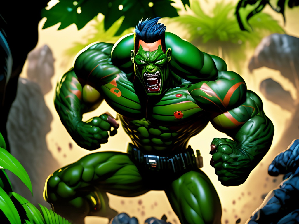 Prompt: Animated comic book,  comic character, Attacking, fighting,  perfectly drawn body, perfectly drawn +++hands,  ++++soldier patrolling++++ character, toned physique, tattoo style, toe to head, perfect body, perfect face, ripped, muted colors, acrylic colors, action scene, +++dense green jungle, , ,symmetrical, centered, colorful, masterpiece, professional, vivid color, volumetric lighting, fog, professional, 8k, cinematic, xyf8, unreal engine, octane render, bokeh, vray, houdini render, quixel,  cinematic lighting, luminescence, translucency, arnold render, 8k uhd, raytracing, lumen reflections, cgsociety, ultra realistic, 100mm, film photography, dslr, cinema4d, studio quality, film grain, award-winning