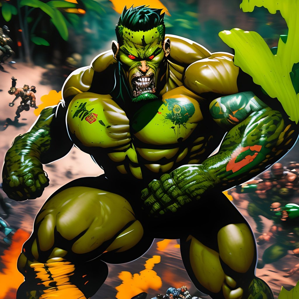 Prompt: Animated comic book,  soldier comic character, Attacking, fighting another soldier,  +++perfectly drawn body, perfectly drawn ++++++hands,  ++++soldier, toned physique, tattoo style, Head to waist, perfect body, perfect face, ripped, muted colors, acrylic colors, action scene, +++dense green jungle, , ,symmetrical, centered, colorful, masterpiece, professional, vivid color, volumetric lighting, fog, professional, 8k, cinematic, xyf8, unreal engine, octane render, bokeh, vray, houdini render, quixel,  cinematic lighting, luminescence, translucency, arnold render, 8k uhd, raytracing, lumen reflections, cgsociety, ultra realistic, 100mm, film photography, dslr, cinema4d, studio quality, film grain, award-winning, , poorly drawn mouths