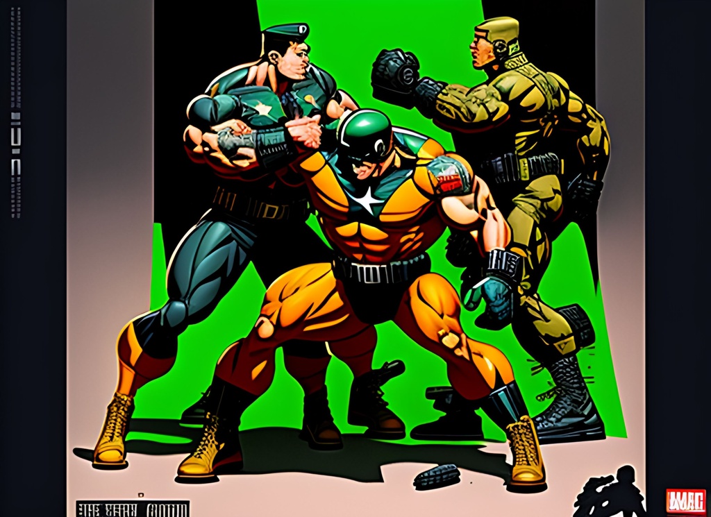 Prompt: Animated comic book, Soldier comic characters, spread out from each other,  ++++fighting, +++(perfectly drawn body), perfectly drawn, autonomically correct physique, symmetrical, ++++++hands,  ++++soldier, toned physique, tattoo style, Head to waist, perfect body, perfect face, ripped, muted colors, acrylic colors, action scene, +++dense green jungle, , ,symmetrical, centered, colorful, masterpiece, professional, vivid color, volumetric lighting, fog, professional, 8k, cinematic, xyf8, unreal engine, octane render, bokeh, vray, houdini render, quixel,  cinematic lighting, luminescence, translucency, arnold render, 8k uhd, raytracing, lumen reflections, cgsociety, ultra realistic, 100mm, film photography, dslr, cinema4d, studio quality, film grain, award-winning