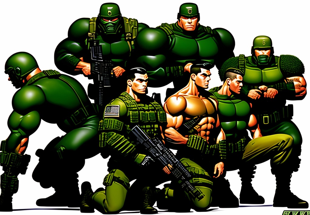 Prompt: Animated comic book, Combat Soldier comic characters, +++++++++++++spread out from each other, kneeling +++(weapons), ++++++(perfectly drawn body), perfectly drawn,  ++++++hands,  ++++soldier, toned physique, ++++tattoo style, Head to waist, perfect body, ++++++++++(dense dark green jungle)+++++autonomically correct physique, perfect face, ripped, , action scene, muted colors, acrylic colors, symmetrical, centered, colorful, masterpiece, professional, vivid color, volumetric lighting, fog, professional, 8k, cinematic, xyf8, unreal engine, octane render, bokeh, vray, houdini render, quixel,  cinematic lighting, luminescence, translucency, arnold render, 8k uhd, raytracing, lumen reflections, cgsociety, ultra realistic, 100mm, film photography, dslr, cinema4d, studio quality, film grain, award-winning