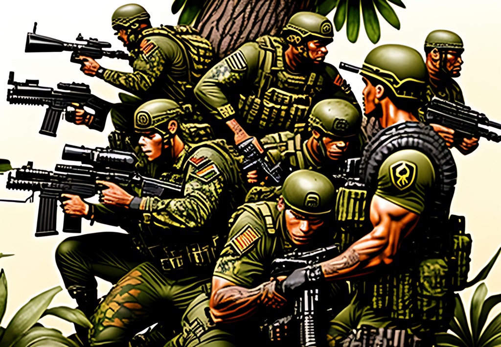 Prompt: Animated comic book, Jungle Combat +++camouflaged Soldier, comic characters, +++++++++++++++spread out from each other, hunting, +++(weapons), ++++++(perfectly drawn body), perfectly drawn,  ++++++hands,  ++++soldier, toned physique, ++++tattoo style, Head to waist, perfect body, ++++++++++(dense dark green jungle)+++++autonomically correct physique, perfect face, ripped, , action scene, muted colors, acrylic colors, symmetrical, centered, colorful, masterpiece, professional, vivid color, volumetric lighting, fog, professional, 8k, cinematic, xyf8, unreal engine, octane render, bokeh, vray, houdini render, quixel,  cinematic lighting, luminescence, translucency, arnold render, 8k uhd, raytracing, lumen reflections, cgsociety, ultra realistic, 100mm, film photography, dslr, cinema4d, studio quality, film grain, award-winning