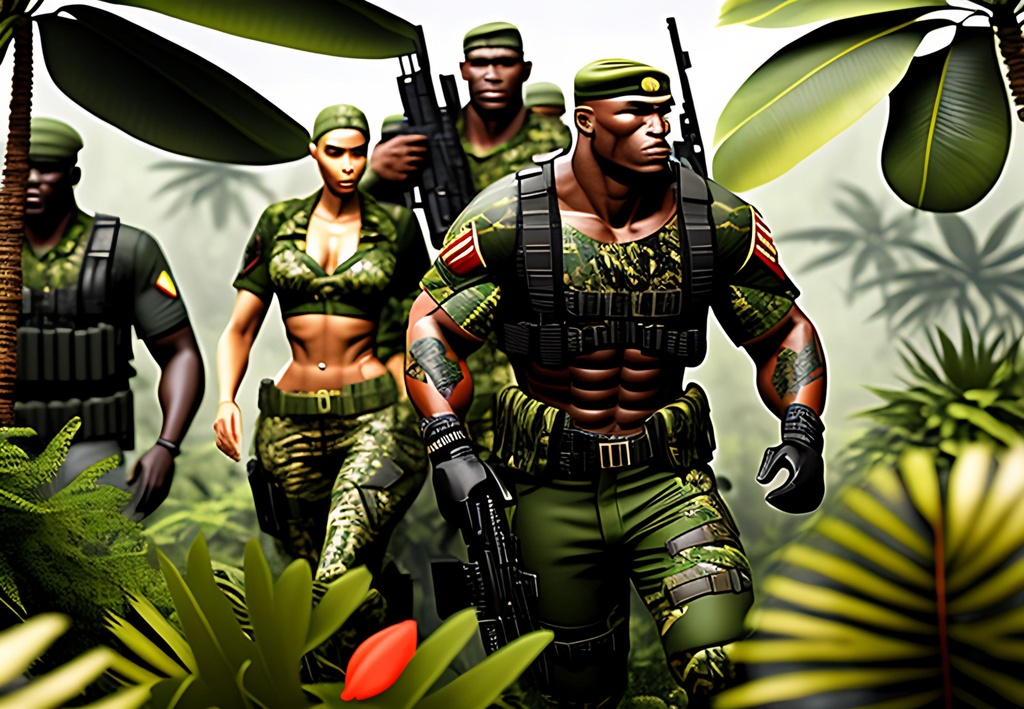 Prompt: Animated comic book, Jungle Combat +++camouflaged Soldier, comic characters, +++++++++++++++spread out from each other, hunting, +++(weapons), ++++++(perfectly drawn body), perfectly drawn,  ++++++hands,  ++++soldier, toned physique, ++++tattoo style, Head to waist, perfect body, ++++++++++(dense dark green jungle)+++++autonomically correct physique, perfect face, ripped, , action scene, muted colors, acrylic colors, symmetrical, centered, colorful, masterpiece, professional, vivid color, volumetric lighting, fog, professional, 8k, cinematic, xyf8, unreal engine, octane render, bokeh, vray, houdini render, quixel,  cinematic lighting, luminescence, translucency, arnold render, 8k uhd, raytracing, lumen reflections, cgsociety, ultra realistic, 100mm, film photography, dslr, cinema4d, studio quality, film grain, award-winning