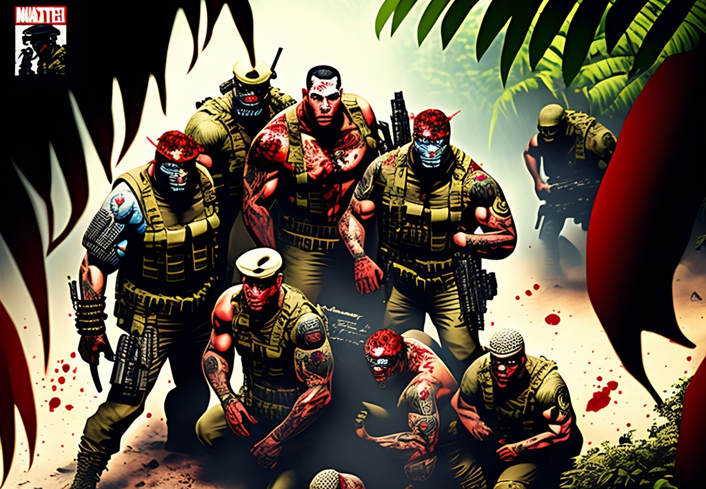 Prompt: Animated comic book, ++++graphic novel, +++bloody, ++++gore, Jungle Combat +++camouflaged Soldiers, comic characters, +++++++++++++++spread out from each other, hunting, +++(weapons), ++++++(perfectly drawn body), perfectly drawn,  ++++++hands,  ++++soldier, toned physique, ++++tattoo style, Head to waist, perfect body, ++++++++++(dense dark green jungle)+++++autonomically correct physique, perfect face, ripped, , action scene, muted colors, acrylic colors, symmetrical, centered, colorful, masterpiece, professional, vivid color, volumetric lighting, fog, professional, 8k,  cinematic, xyf8, unreal engine, octane render, bokeh, vray, houdini render, quixel,  cinematic lighting, luminescence, translucency, arnold render, 8k uhd, raytracing, lumen reflections, cgsociety, ultra realistic, 100mm, film photography, dslr, cinema4d, studio quality, film grain, award-winning