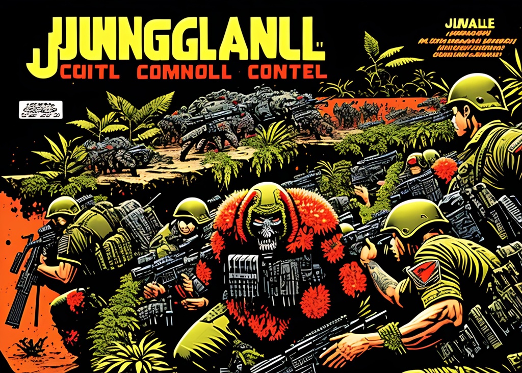 Prompt: Animated comic book, ++graphic novel Jungle Combat, ++gore, ++guts, +++wounds, ++bullet holes, explosions, horrific,+++bloody , Soldiers Attacking, comic characters, +++++++++++++++spread out from each other, hunting, ++++++(weapons), ++++++(perfectly drawn body), perfectly drawn,  ++++++hands,  ++++soldier, toned physique, ++++++tattoo style, Head to waist, perfect body, ++++++++++(dense dark green jungle)+++++autonomically correct physique, perfect face, ripped, , action scene, helicopters, muted colors, acrylic colors, symmetrical, centered, colorful, masterpiece, professional, vivid color, volumetric lighting, fog, professional, 8k,  cinematic, xyf8, unreal engine, octane render, bokeh, vray, houdini render, quixel,  cinematic lighting, luminescence, translucency, arnold render, 8k uhd, raytracing, lumen reflections, cgsociety, ultra realistic, 100mm, film photography, dslr, cinema4d, studio quality, film grain, award-winning