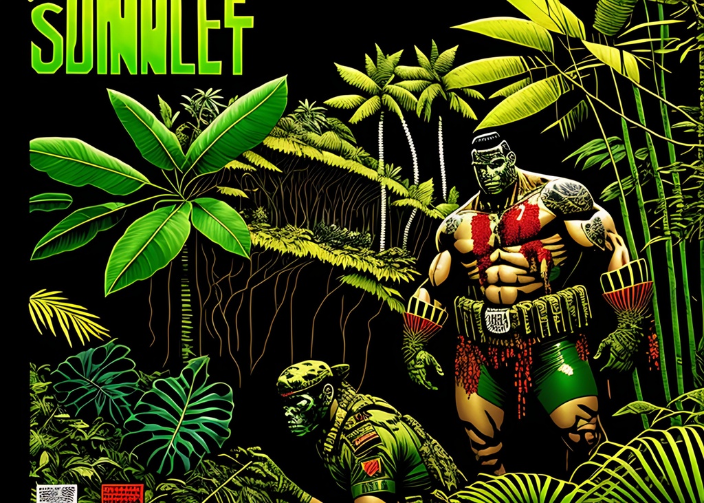 Prompt: Animated comic book, +graphic novel Jungle Combat, Soldiers comic characters, dense dark green jungle ++++bloody+++gore, ++guts, +++wounds, , ++bullet holes, ++++explosions, horrific, ,, , +++++++++++++++spread out from each other, hunting, ++++++(weapons), ++++++(perfectly drawn body), perfectly drawn,  ++++++hands,  ++++soldier, toned physique, ++++++tattoo style, Head to waist, perfect body, autonomically correct physique, perfect face, ripped, , action scene, helicopters, muted colors, acrylic colors, symmetrical, centered, colorful, masterpiece, professional, vivid color, volumetric lighting, fog, professional, 8k,  cinematic, xyf8, unreal engine, octane render, bokeh, vray, houdini render, quixel,  cinematic lighting, luminescence, translucency, arnold render, 8k uhd, raytracing, lumen reflections, cgsociety, ultra realistic, 100mm, film photography, dslr, cinema4d, studio quality, film grain, award-winning