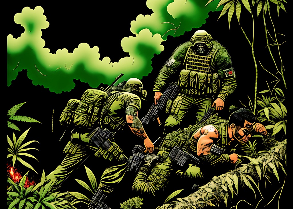 Prompt: Animated comic book, +graphic novel Jungle Combat, Soldiers comic characters, dense dark green jungle smoke, random, ++++bloody++++gore+++guts +++wounds++bullet holes ++++explosions+ horrific, ,, , +++++++++++++++spread out from each other, hunting, ++++++(weapons), ++++++(perfectly drawn body), perfectly drawn,  ++++++hands,  ++++soldier, toned physique, ++++++tattoo style, Head to waist, perfect body, autonomically correct physique, perfect face, ripped, , action scene, helicopters, muted colors, acrylic colors, symmetrical, centered, colorful, masterpiece, professional, vivid color, volumetric lighting, fog, professional, 8k,  cinematic, xyf8, unreal engine, octane render, bokeh, vray, houdini render, quixel,  cinematic lighting, luminescence, translucency, arnold render, 8k uhd, raytracing, lumen reflections, cgsociety, ultra realistic, 100mm, film photography, dslr, cinema4d, studio quality, film grain, award-winning