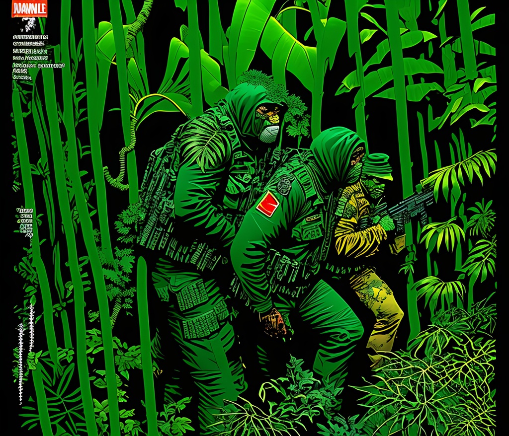 Prompt: Animated comic book, +graphic novel Jungle Combat, Soldiers comic characters, dense ++++bloody ++++gore dark green+++guts jungle+++wounds, smoke, random,  +++wounds++bullet holes ++++explosions+ horrific, ,, , +++++++++++++++spread out from each other, hunting, ++++++(weapons), ++++++(perfectly drawn body), perfectly drawn,  ++++++hands,  ++++soldier, toned physique, ++++++tattoo style, Head to waist, perfect body, autonomically correct physique, perfect face, ripped, , action scene, helicopters, muted colors, acrylic colors, symmetrical, centered, colorful, masterpiece, professional, vivid color, volumetric lighting, fog, professional, 8k,  cinematic, xyf8, unreal engine, octane render, bokeh, vray, houdini render, quixel,  cinematic lighting, luminescence, translucency, arnold render, 8k uhd, raytracing, lumen reflections, cgsociety, ultra realistic, 100mm, film photography, dslr, cinema4d, studio quality, film grain, award-winning