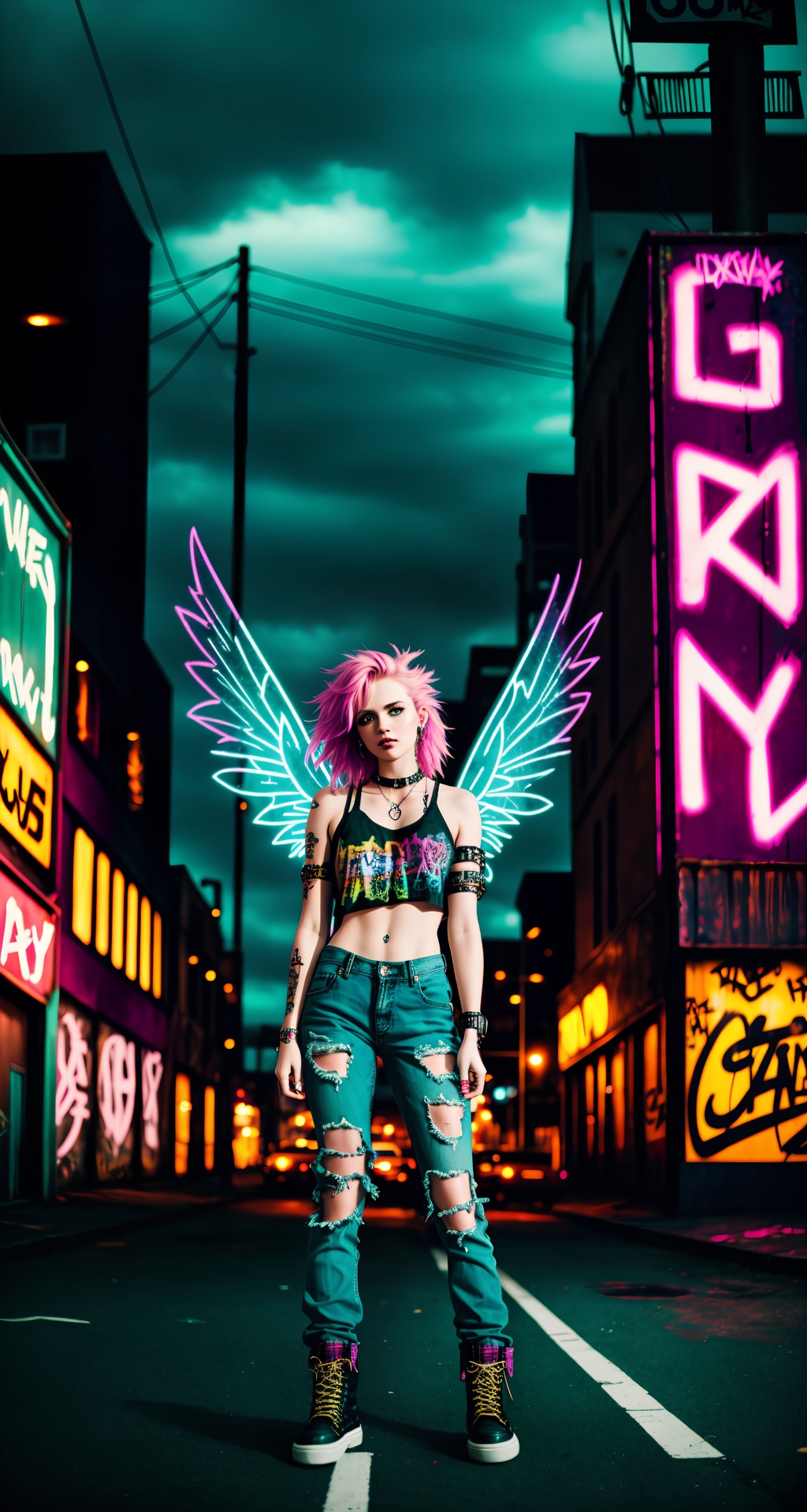 Prompt: 1girl, fairy, grunge fairycore, 90s nostalgia, big wings, wearing ripped jeans, plaid flannel shirt, leather boots, smudged eyeliner, messy hair, choker, piercings, standing against graffiti wall, urban background, neon signs, vintage car, skateboard at her feet, weathered posters, streetlights, moody atmosphere