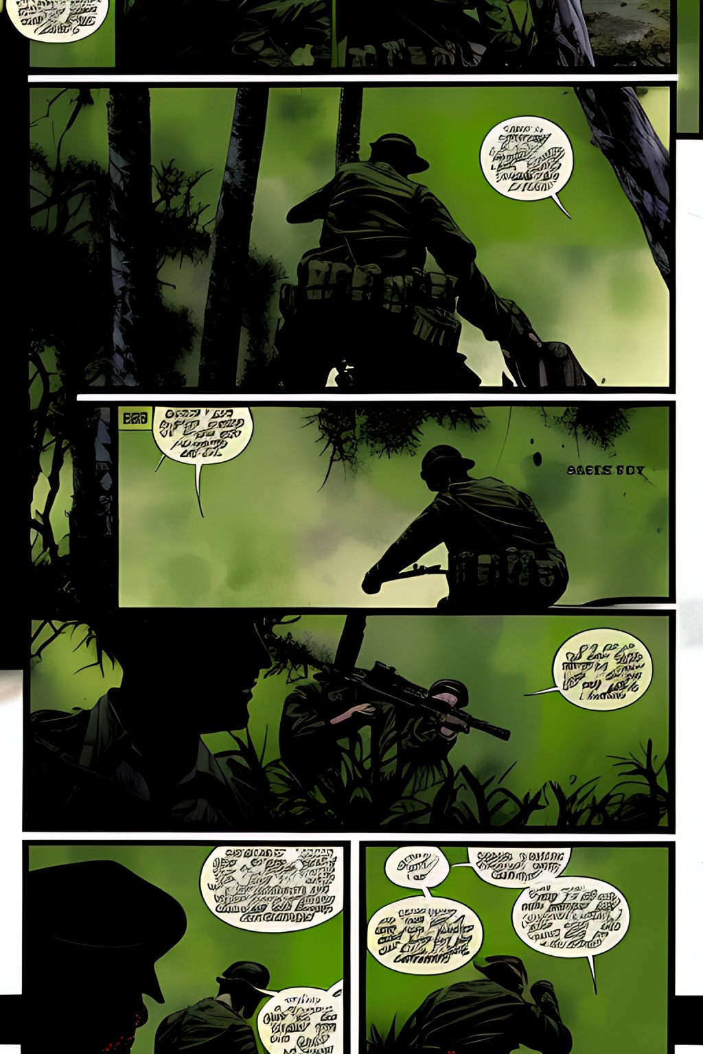 Prompt: Comic Book, Comic book page with 3 horizontal panels, full comics book cover page, 70# matte paper, Soldiers walking through a dense jungle in camouflaged uniforms, faces++ painted green colors+++, highly detailed, tattoo style, professional, muted colors, acrylic, shiny, matte, random, action, intense, intricate detail, vivid color, action, bullet holes+++,explosions+++, gore+, blood+++, head to toe, style, Intricate, High Detail, dramatic, Cell shading, Screen print, masterpiece, hard edge, breathtaking, insanely detailed, lush detail, trending on artstation, award-winning, shiny, smooth, surreal, volumetric fog,