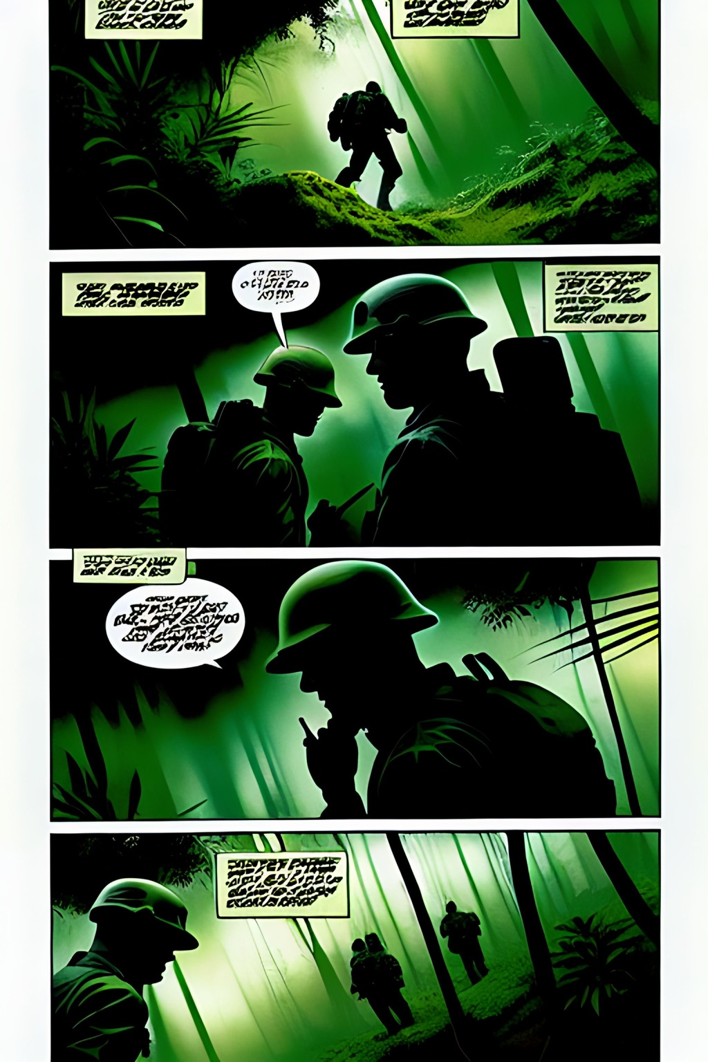 Prompt: Comic Book, Comic book page with 3 horizontal panels, full comics book cover page, 70# matte paper, Soldiers walking through a dense jungle in camouflaged uniforms, faces++ painted green colors+++, highly detailed, tattoo style, professional, muted colors, acrylic, shiny, matte, random, action, intense, intricate detail, vivid color, action, bullet holes+++,explosions+++, gore+, blood+++, head to toe, style, Intricate, High Detail, dramatic, Cell shading, Screen print, masterpiece, hard edge, breathtaking, insanely detailed, lush detail, trending on artstation, award-winning, shiny, smooth, surreal, volumetric fog,