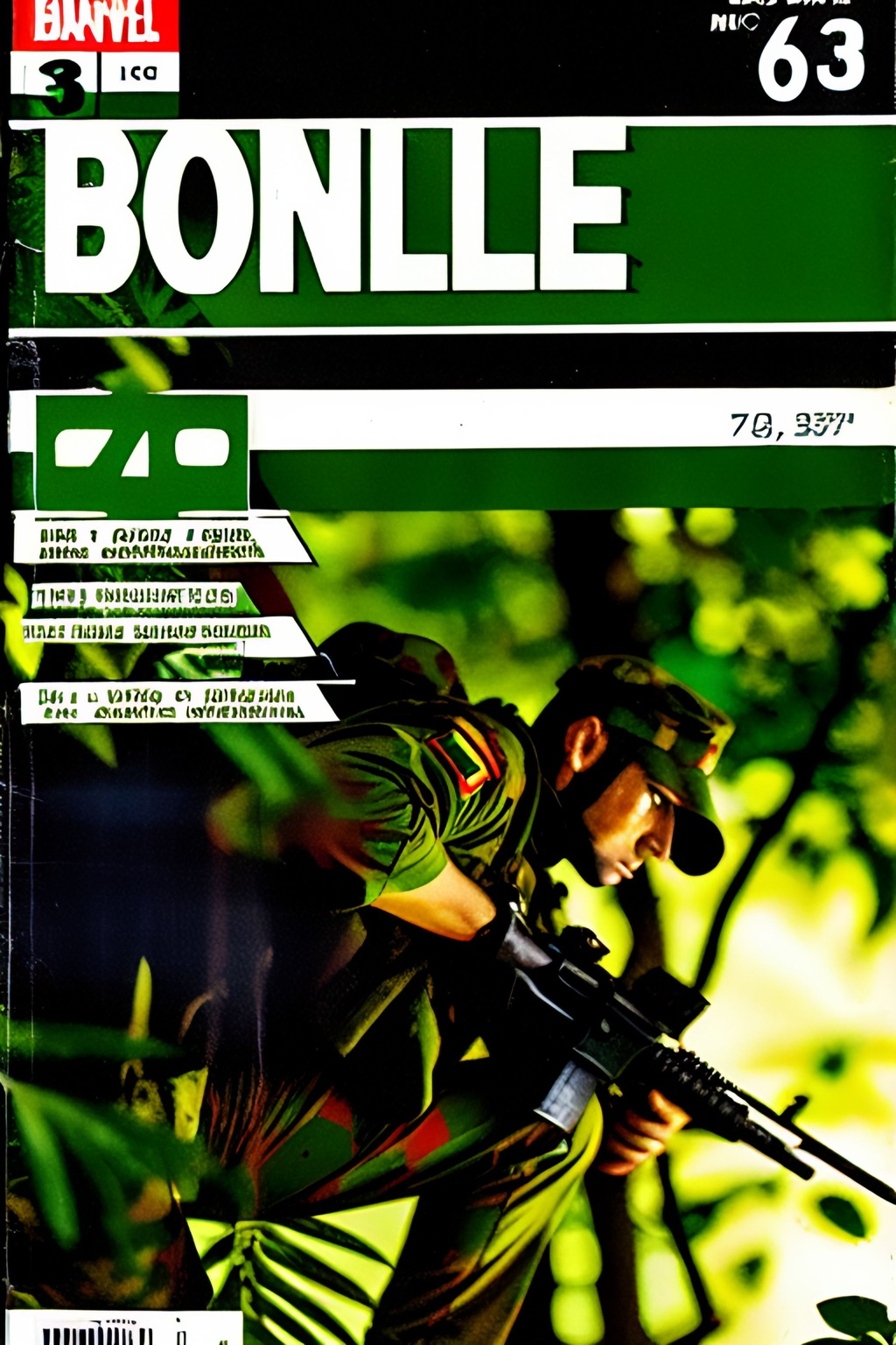 Prompt: Comic Book, Comic book page with 3 horizontal panels, full comics book cover page, 70# matte paper, Soldiers jungle camouflaged uniforms walking in the dense jungle with weapons, faces++ painted green colors++, highly detailed, tattoo style, professional, muted colors, acrylic, shiny, matte, random, action, intense, intricate detail, vivid color, action, random, bullet holes++,explosions+++, gore+, blood++, head to toe, style, Intricate, High Detail, dramatic, Screen print, masterpiece, hard edge, breathtaking, insanely detailed, lush detail, trending on artstation, award-winning, shiny, smooth, surreal, volumetric fog,