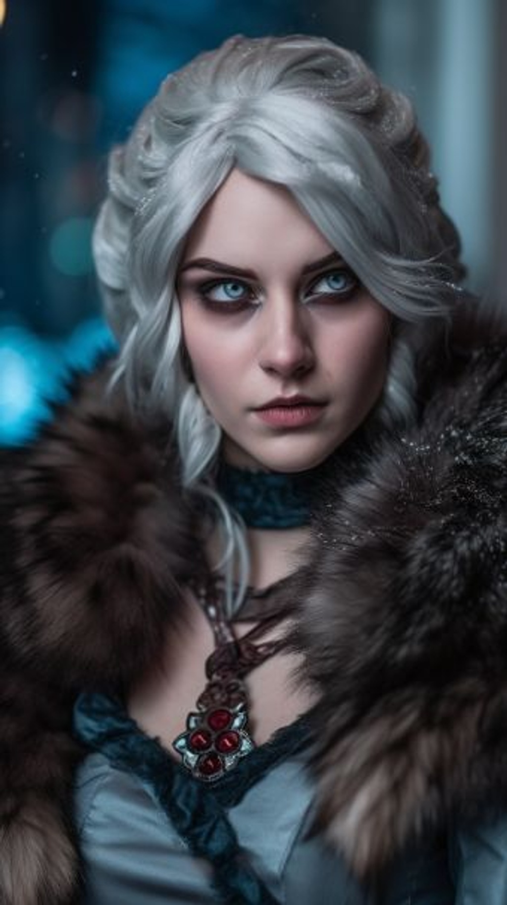 Prompt: Ciri from the witcher :: Elsa from Frozen, wearing a dress make of blue ice, with a blue crown made of ice, regal ice jewelery, clothing made of black furs with red embelishments on the fur, --ar 9:16 --q 2 --upbeta --v 5