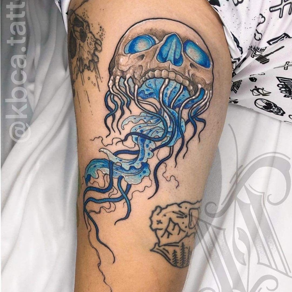 Evil dead jellyfish with motorcycle helmet tattoo dr... OpenArt
