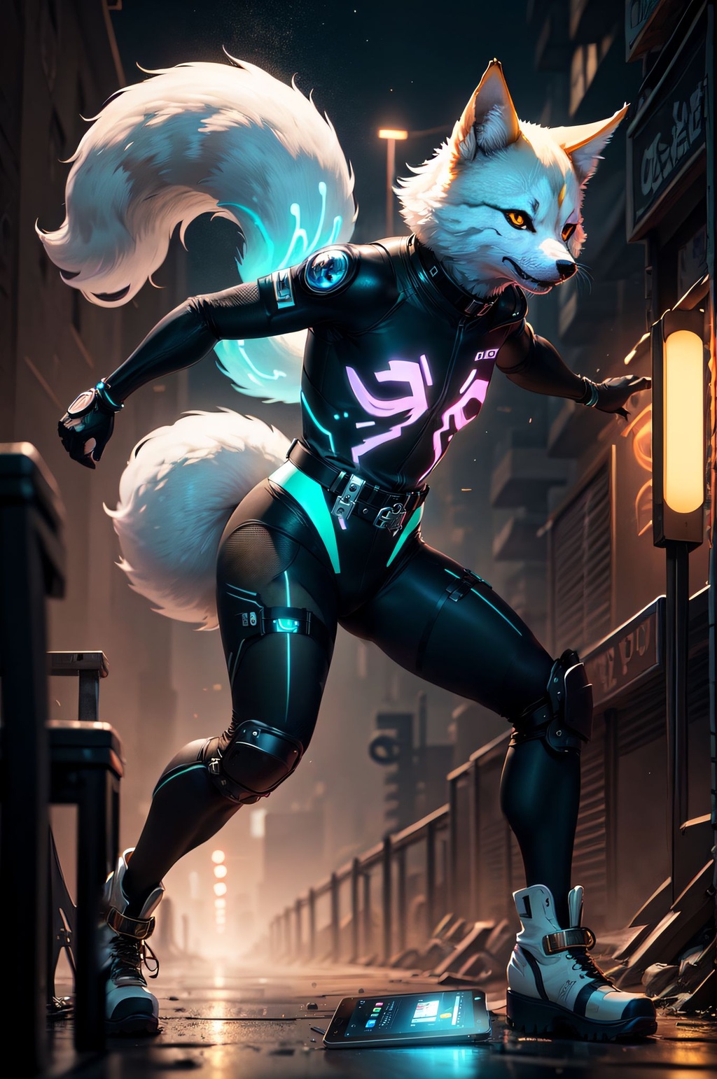 Prompt: a visual stunning photo of a kitsune |glowing| cyberpunk city |neon light|vibrant | Full body| key visual| highly detailed| breathtaking beauty| comprehensive cinematic| dynamic fighting pose|best quality| ultra sharp focus| cinematic lighting, volumetric fog, bioluminescence, volmetric atmosphere, studio trigger   ,UHD, HDR,16K, (Masterpiece:1.5)