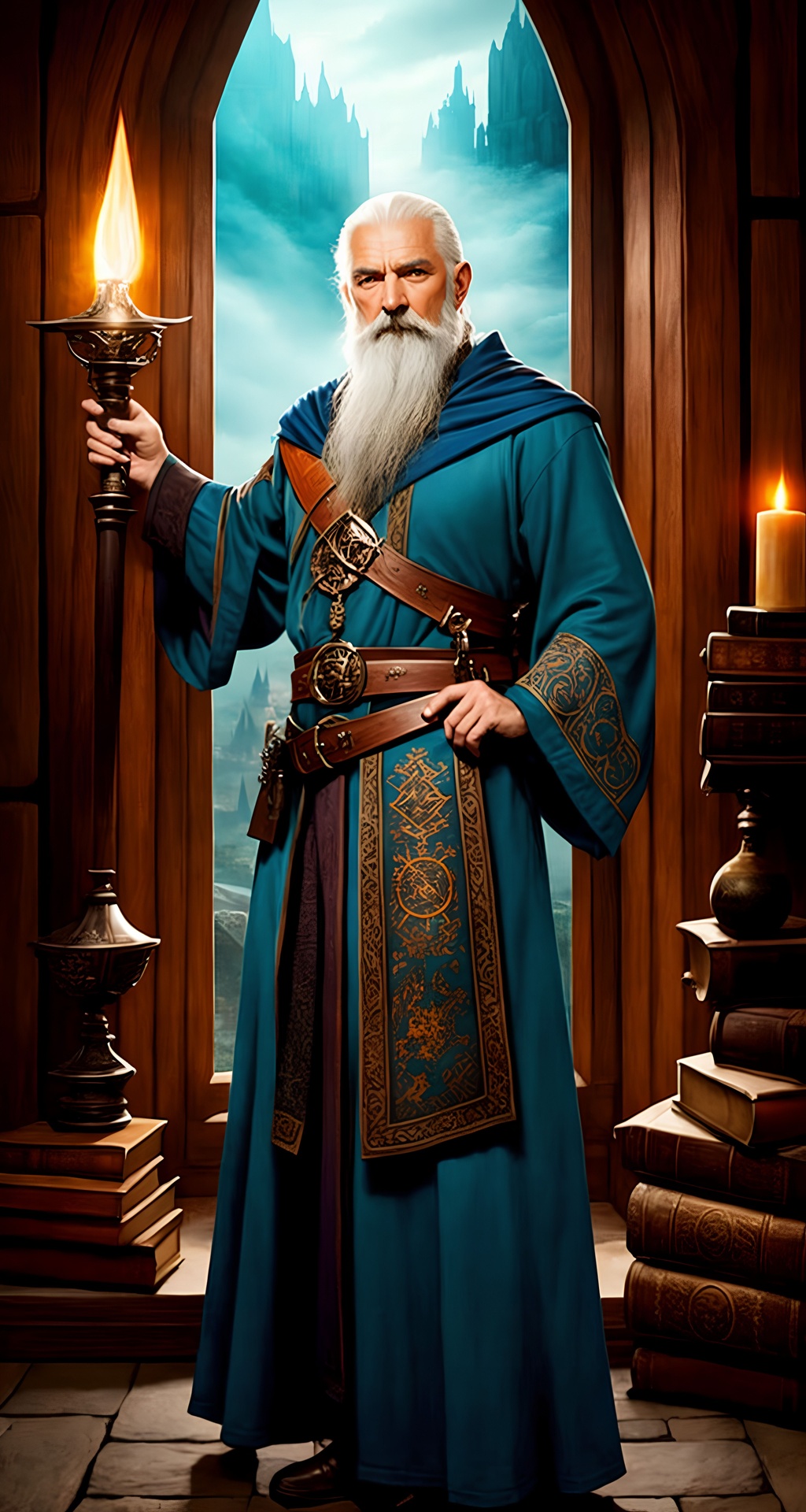 Prompt: Breathtaking Elminster Aumar of Shadowdale from Forgotten Realms, textured wrinkled skin grizzled sage with a flowing white beard, sharp nose, kind eyes, wise expression, weathered and rugged, powerful mage by Todd Lockwood and Matt Stawicki, dressed in a long flowing blue robe adorned with intricate embroidery in the shape of arcane symbols, leather belt, stands in the center of his wizard tower, surrounded by shelves filled with ancient tomes and mystical artifacts. In the center of the room stands a large, ornate wooden table covered in maps and diagrams, with an open spellbook lying in the center, casting a powerful spell, through the window in the background a breathtaking view of the surrounding countryside, magnificent sunset casting warm light across the land, serene expression, one of the most formidable mages in all of Faerûn, Chaotic good alignment. Crisp Pinterest Portrait.