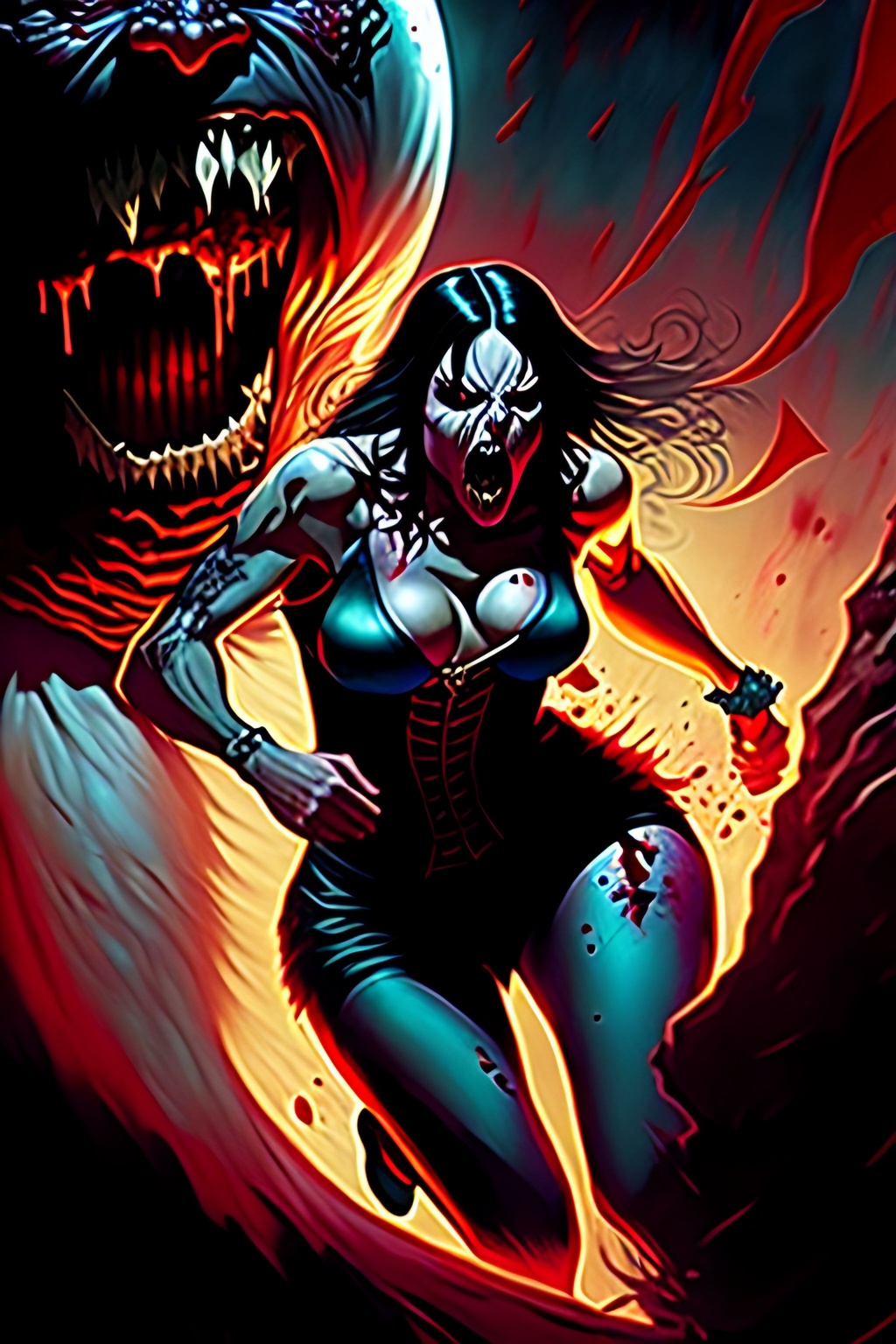 Prompt: Graphic Novel, Comic book, muted colors, blood++, scary++, gore++, horror++, Massive Vampire++, chasing an Attractive woman+, terrified+++, screaming++, running+++, beaming moon, perfectly drawn claws, hands,+++++ Acrylic, vivid colors, hard shadows, highly detailed, intricate detail, cinematic lighting, artstation, random action