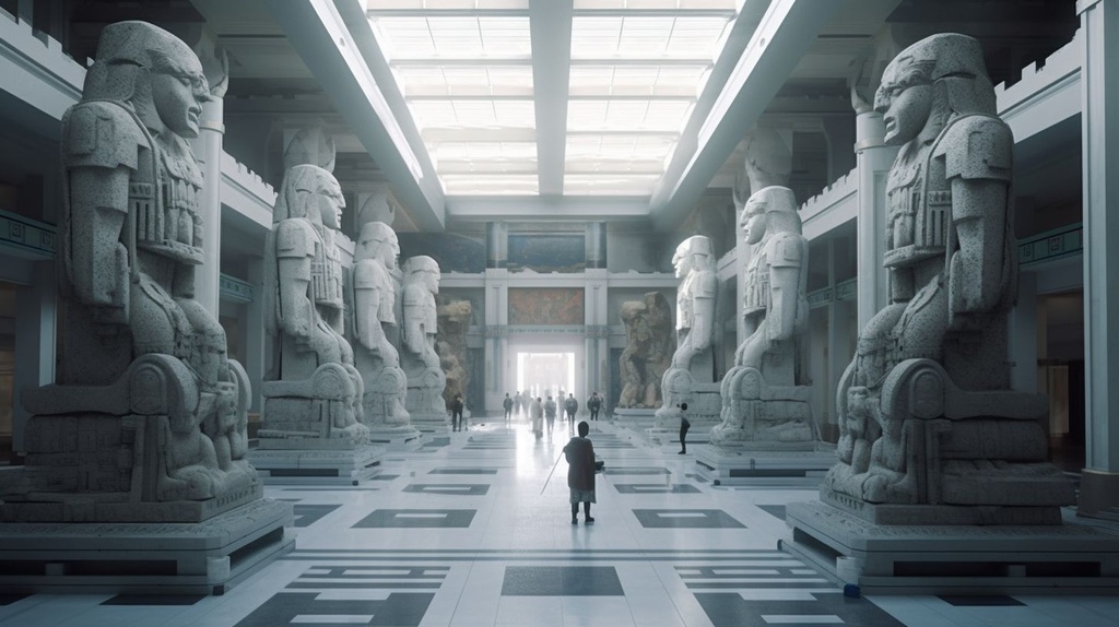 Prompt: in a big white hall with giant ancient robot god statutes