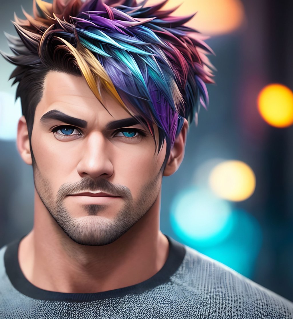 Prompt: Abstract muted color  Portrait of A hunky man Character highly detailed facial features, nice eyes, random hair styles, colorful, by Butch Hartman,  city detailed, masterpiece, professional, vivid color, volumetric lighting, fog, professional, 8k, cinematic, menacing, xyf8, unreal engine, octane render, bokeh, vray, houdini render, quixel,  cinematic lighting, luminescence, translucency, arnold render, 8k uhd, raytracing, lumen reflections, cgsociety, ultra realistic, 100mm, film photography, dslr, cinema4d, studio quality, film grain, award-winning