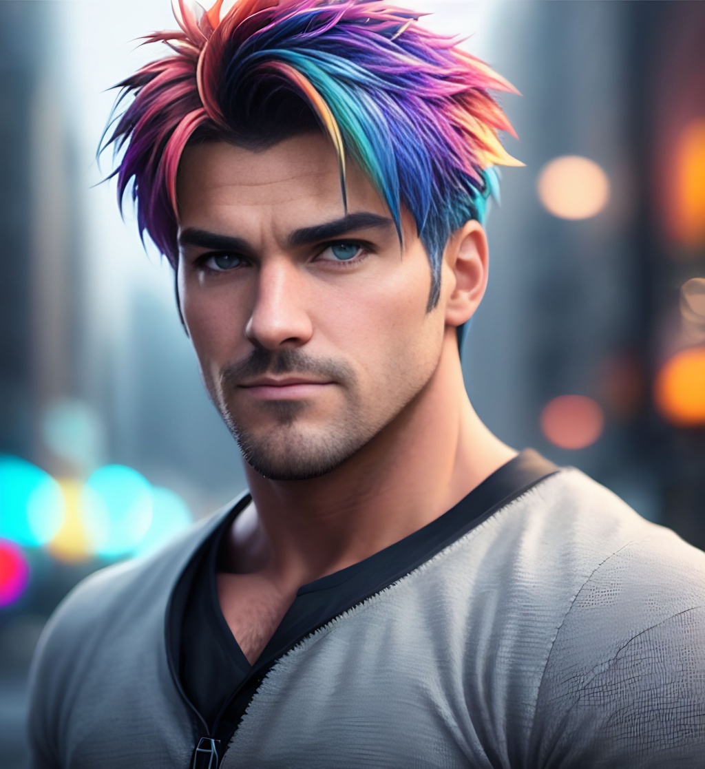 Prompt: Abstract muted color  Portrait of A hunky man Character highly detailed facial features, nice eyes, random hair styles, colorful, by Butch Hartman,  city detailed, masterpiece, professional, vivid color, volumetric lighting, fog, professional, 8k, cinematic, menacing, xyf8, unreal engine, octane render, bokeh, vray, houdini render, quixel,  cinematic lighting, luminescence, translucency, arnold render, 8k uhd, raytracing, lumen reflections, cgsociety, ultra realistic, 100mm, film photography, dslr, cinema4d, studio quality, film grain, award-winning