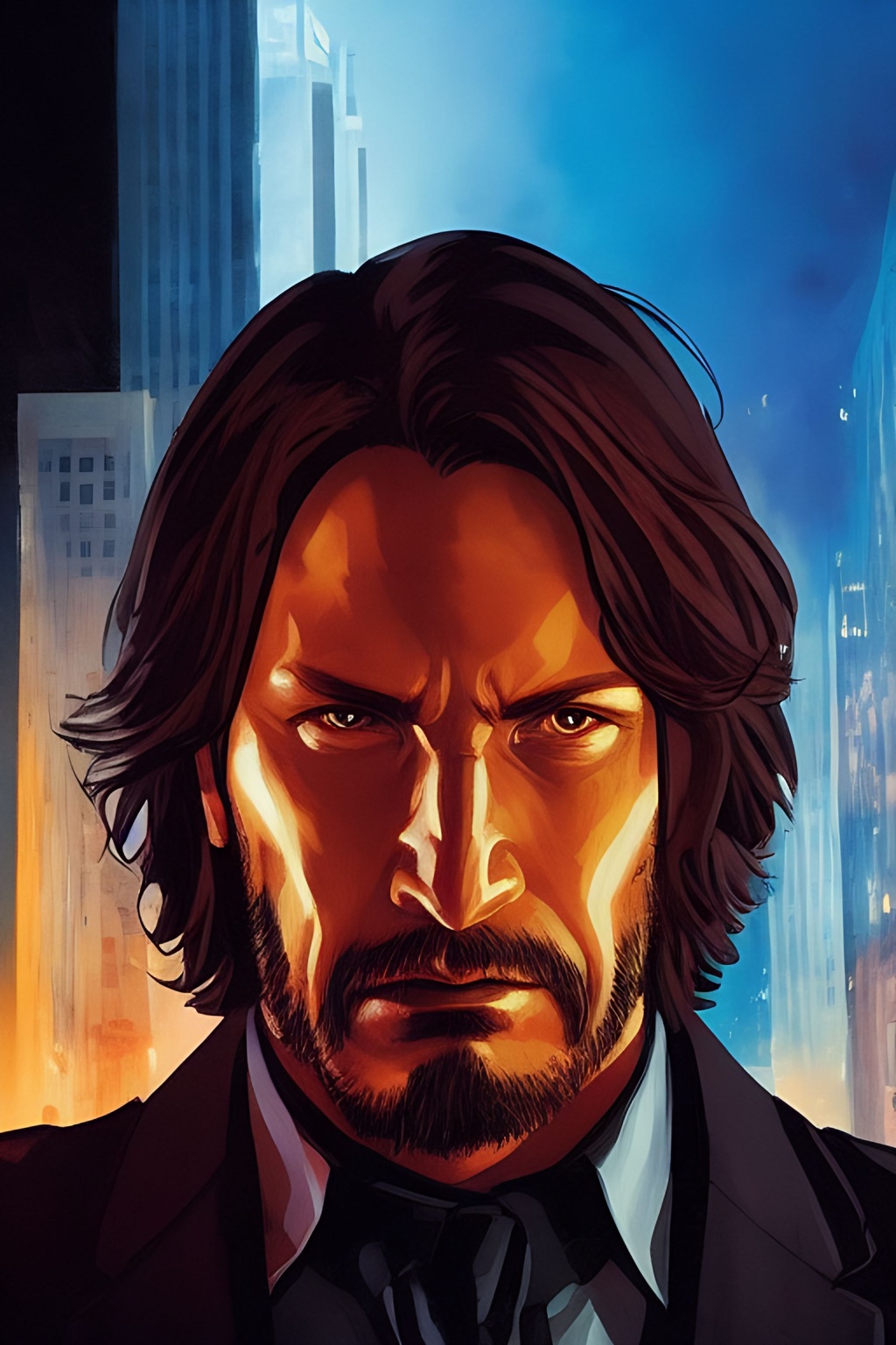 Prompt: medium shot, Portrait John Wick Character centered in frame, full comics book cover page, Comic book page with 3 horizontal panels fighting++ with a foe, gunfire++, explosions++ highly detailed, highly detailed facial features, nice eyes, city detailed, masterpiece, professional, vivid color, centered in frame, volumetric lighting, fog, professional, 8k, cinematic, menacing, xyf8, unreal engine, octane render, bokeh, vray, houdini render, quixel,  cinematic lighting, luminescence, translucency, arnold render, 8k uhd, raytracing, lumen reflections, cgsociety, ultra realistic, 100mm, film photography, dslr, cinema4d, studio quality, film grain, award-winning, fit aspect ratio, gtav sty