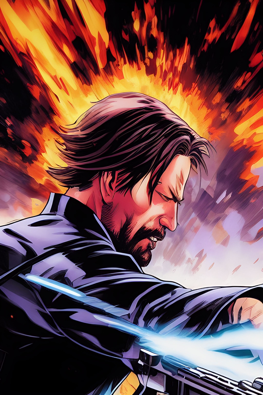 Prompt: medium shot, Portrait John Wick Character centered in frame, full comics book cover page, Comic book page with 3 horizontal panels, fighting++ with a foe, gunfire++, explosions++ highly detailed, highly detailed facial features, nice eyes, city detailed, masterpiece, professional, vivid color, centered in frame, volumetric lighting, fog, professional, 8k, cinematic, menacing, xyf8, unreal engine, octane render, bokeh, vray, houdini render, quixel,  cinematic lighting, luminescence, translucency, arnold render, 8k uhd, raytracing, lumen reflections, cgsociety, ultra realistic, 100mm, film photography, dslr, cinema4d, studio quality, film grain, award-winning, fit aspect ratio, gtav style