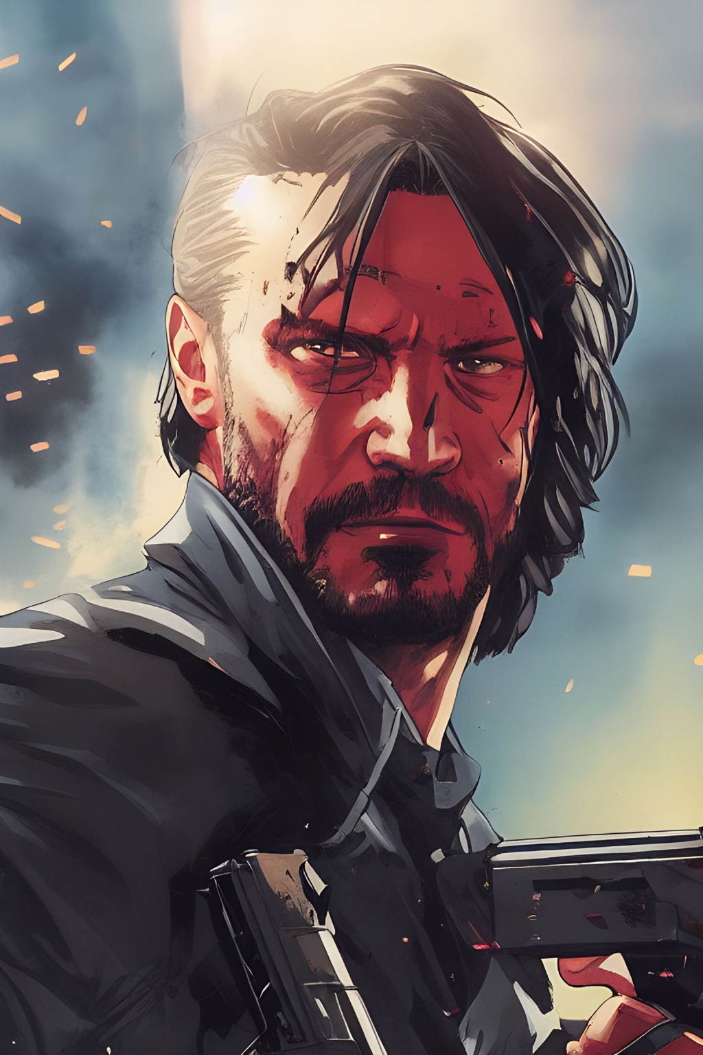 Prompt: medium shot, Portrait John Wick Character centered in frame, full comics book cover page, Comic book page with 3 horizontal panels, fighting++ with a foe, gunfire++, explosions++ highly detailed, highly detailed facial features, nice eyes, city detailed, masterpiece, professional, vivid color, centered in frame, volumetric lighting, fog, professional, 8k, cinematic, menacing, xyf8, unreal engine, octane render, bokeh, vray, houdini render, quixel,  cinematic lighting, luminescence, translucency, arnold render, 8k uhd, raytracing, lumen reflections, cgsociety, ultra realistic, 100mm, film photography, dslr, cinema4d, studio quality, film grain, award-winning, fit aspect ratio, gtav style