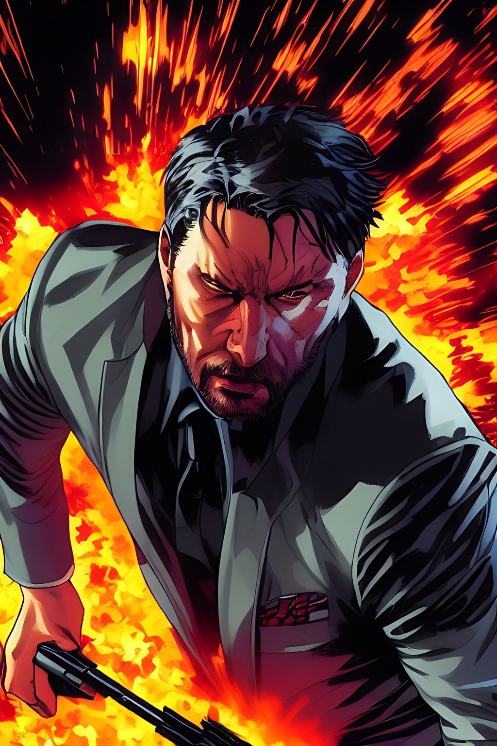 Prompt: long shot, John Wick Character centered in frame, full comics book cover page, Comic book page with 3 horizontal panels, fighting++ with a foe, gunfire++, explosions++ highly detailed, highly detailed facial features, nice eyes, city detailed, masterpiece, professional, vivid color, centered in frame, volumetric lighting, fog, professional, 8k, cinematic, menacing, xyf8, unreal engine, octane render, bokeh, vray, houdini render, quixel,  cinematic lighting, luminescence, translucency, arnold render, 8k uhd, raytracing, lumen reflections, cgsociety, ultra realistic, 100mm, film photography, dslr, cinema4d, studio quality, film grain, award-winning, fit aspect ratio, gtav style